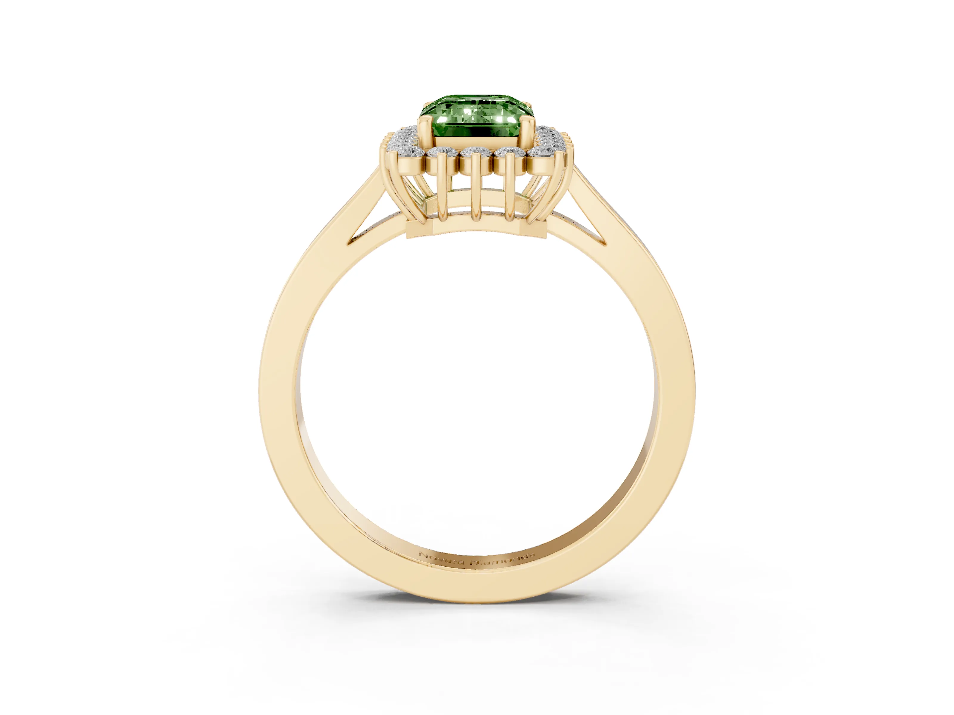 Fancy Green Emerald Cut Diamond Halo Ring Set in Yellow gold with Round Halo and Smooth Solitaire Band