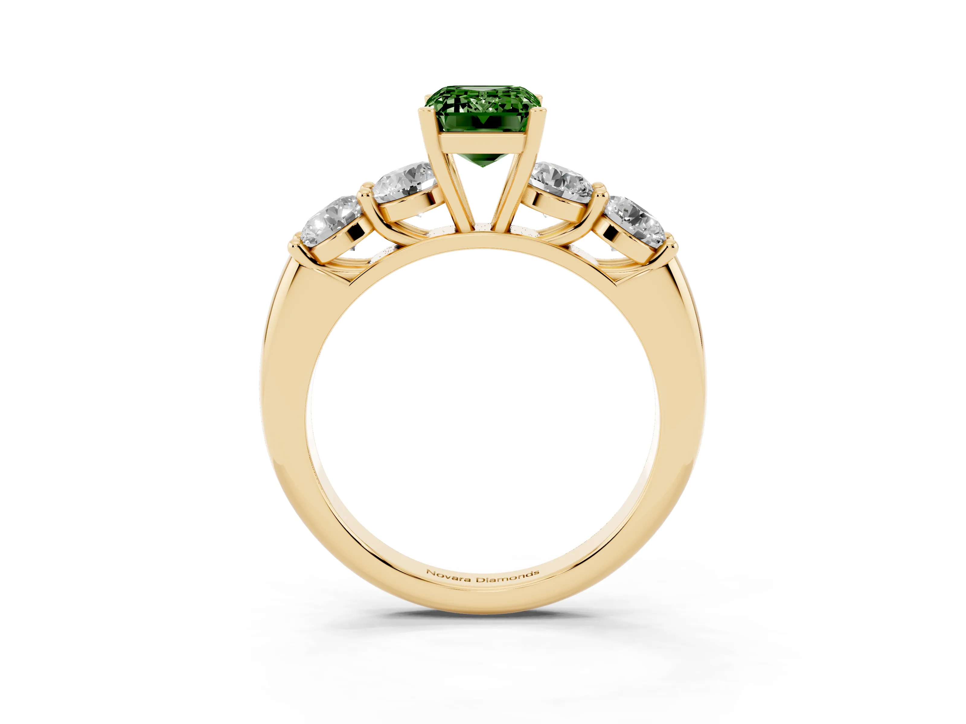 Fancy Green Emerald Cut Diamond Five-Stone Prong Set Ring Set in Yellow gold with Classic Band