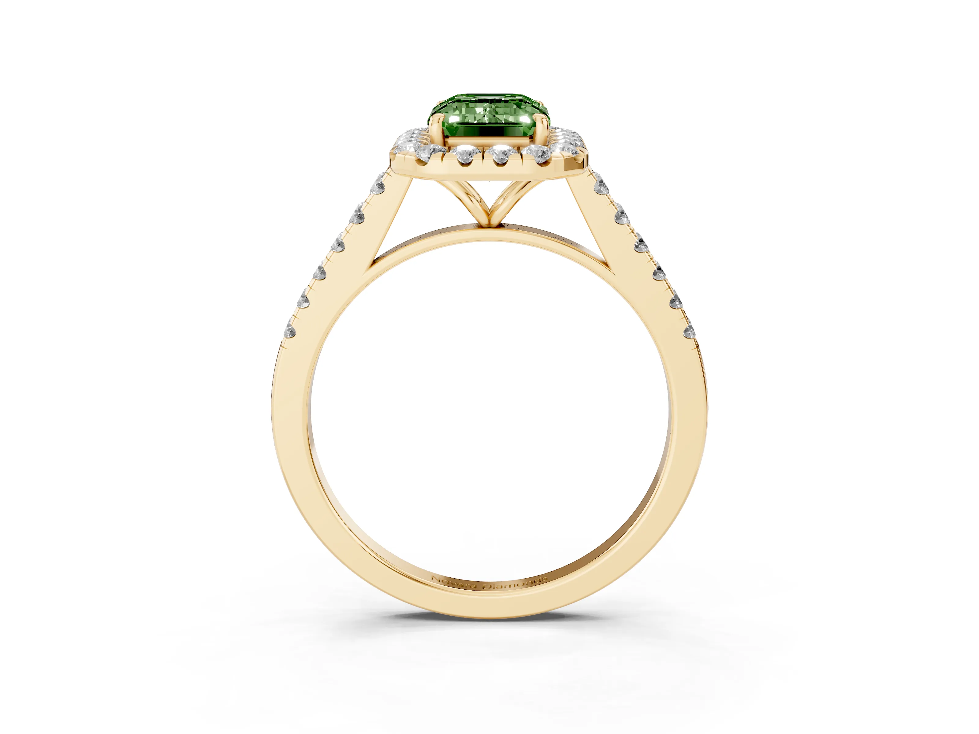 Fancy Green Emerald Cut Diamond Halo Pavé Engagement Ring Set in Yellow gold with Prong Setting