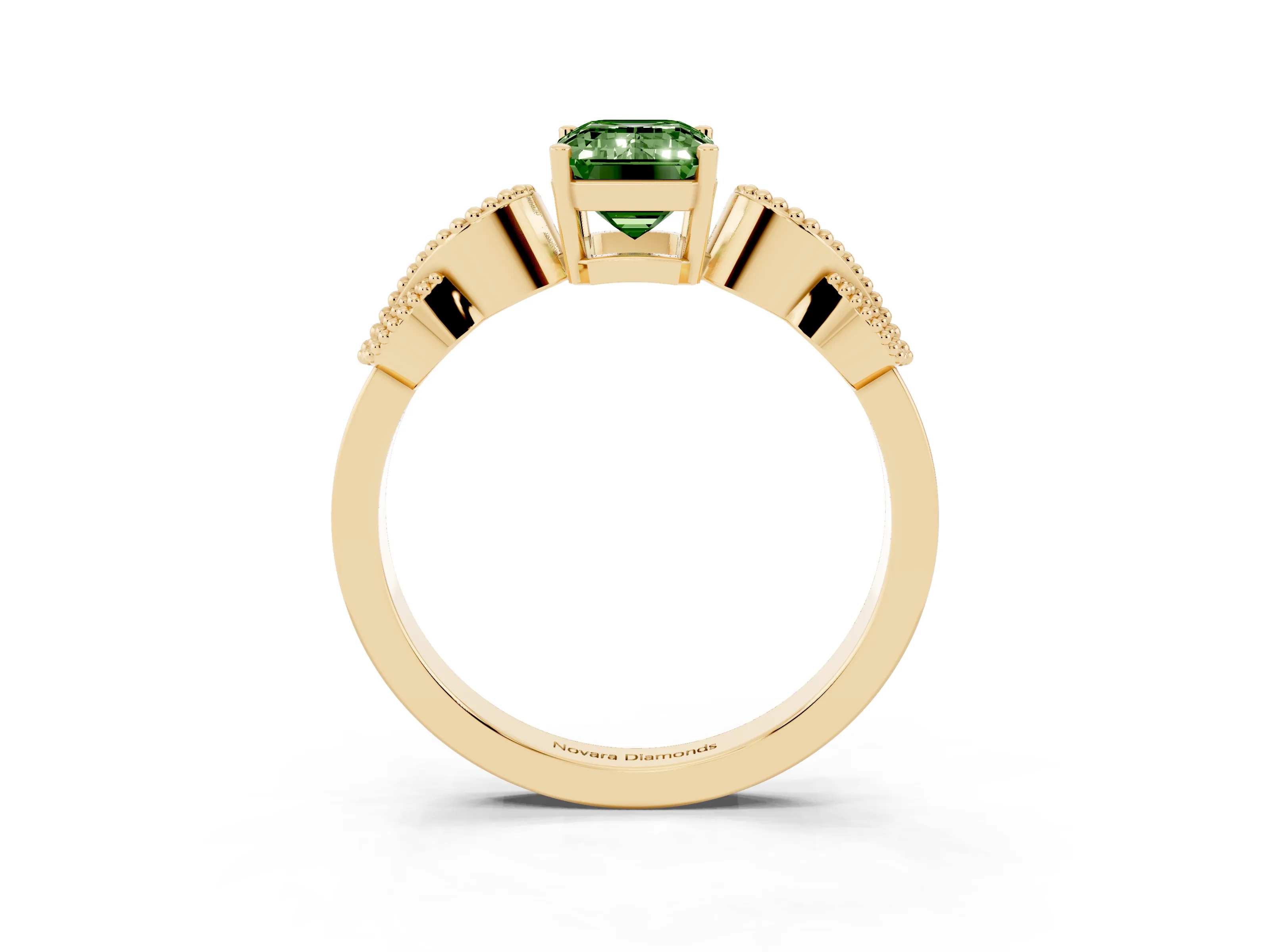 Fancy Green Emerald Cut Diamond Milgrain Leaf Band Solitaire Ring Set in Yellow gold with Accent Stones and Prong Setting