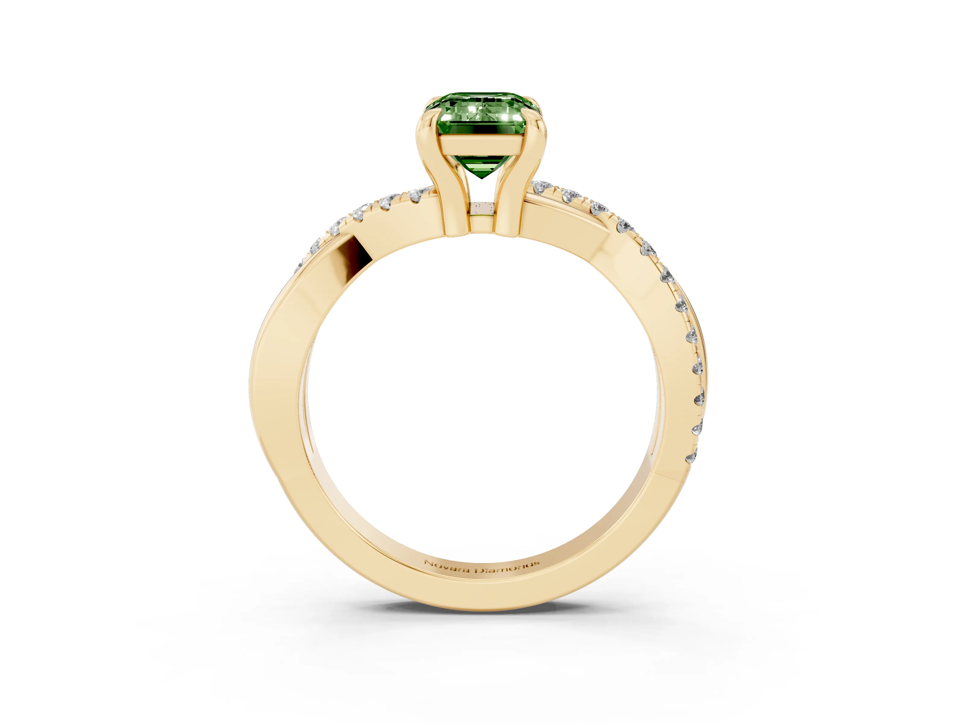 Fancy Green Emerald Cut Diamond Twist Band Pavé Solitaire Ring Set in Yellow gold with Prong Setting