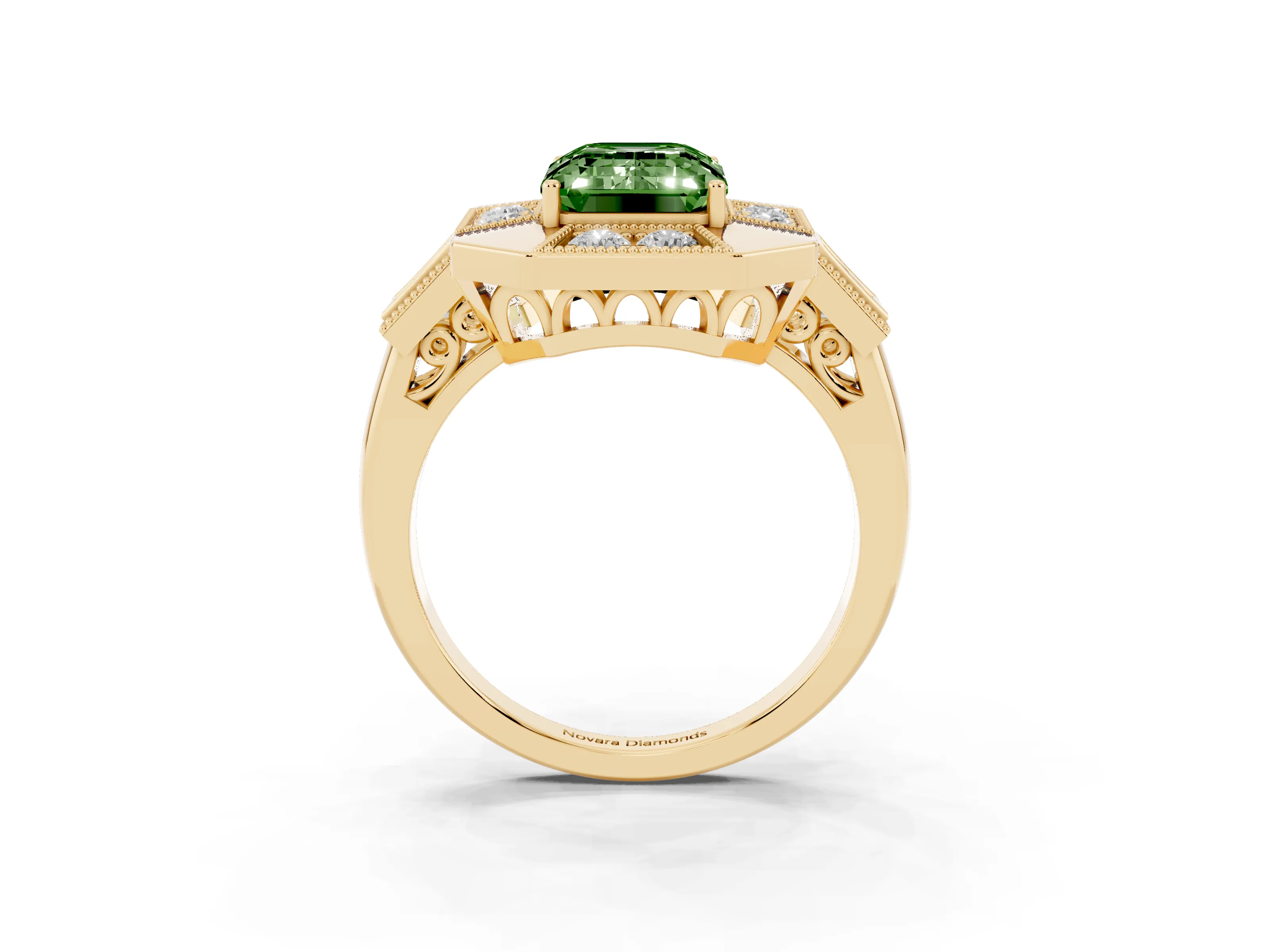 Fancy Green Emerald Cut Diamond Milgrain Halo Ring Set in Yellow gold with Split Shank