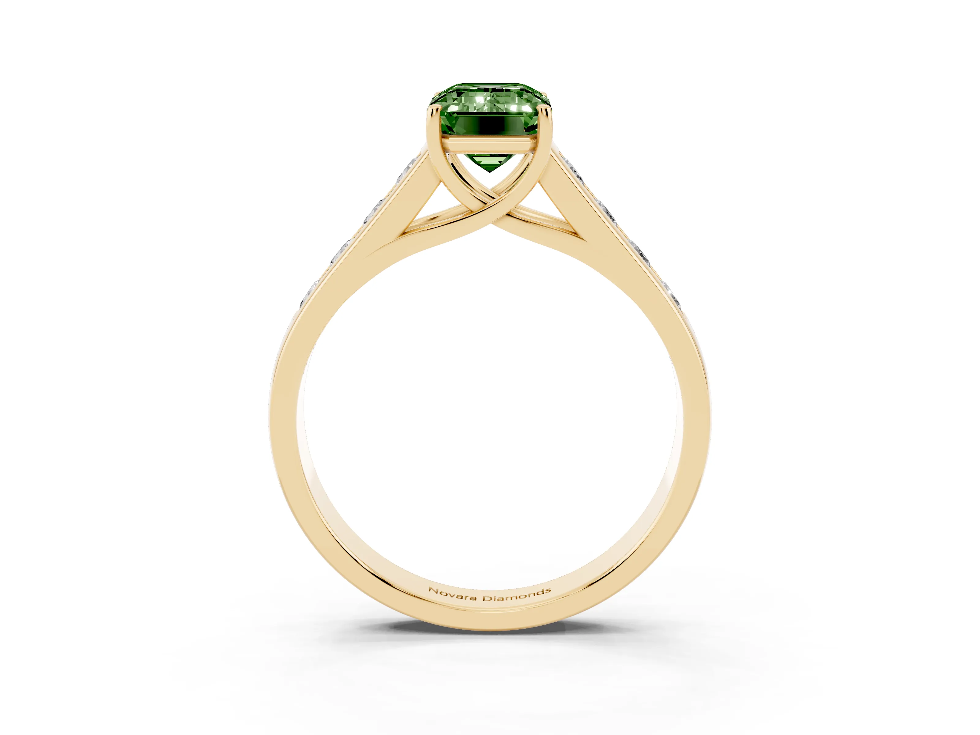 Fancy Green Emerald Cut Diamond Brilliant Channel-Set Solitaire Ring Set in Yellow gold with Prong Setting