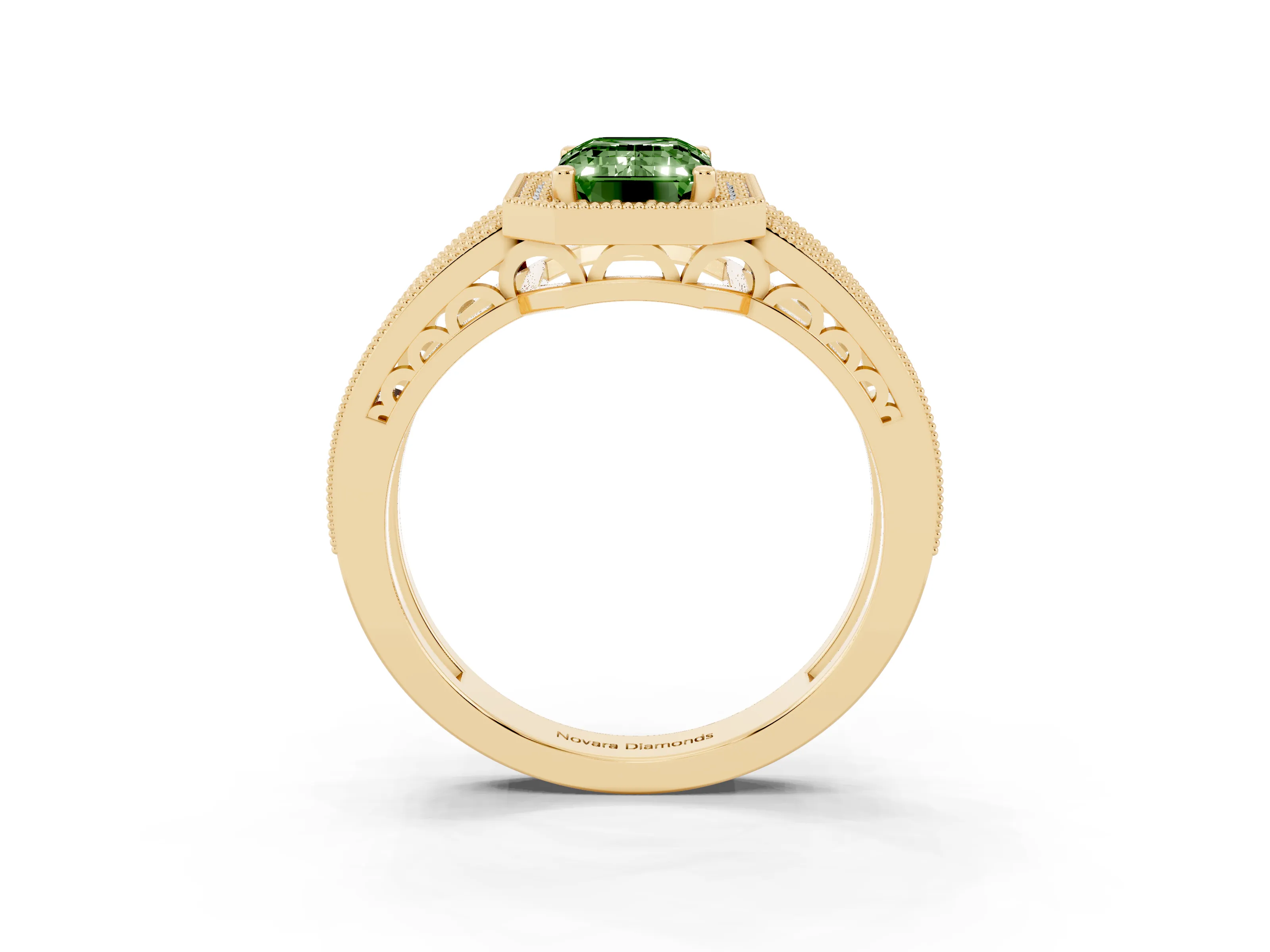 Fancy Green Emerald Cut Diamond Halo Ring Set in Yellow gold with Accent Split Shank and Prong Setting