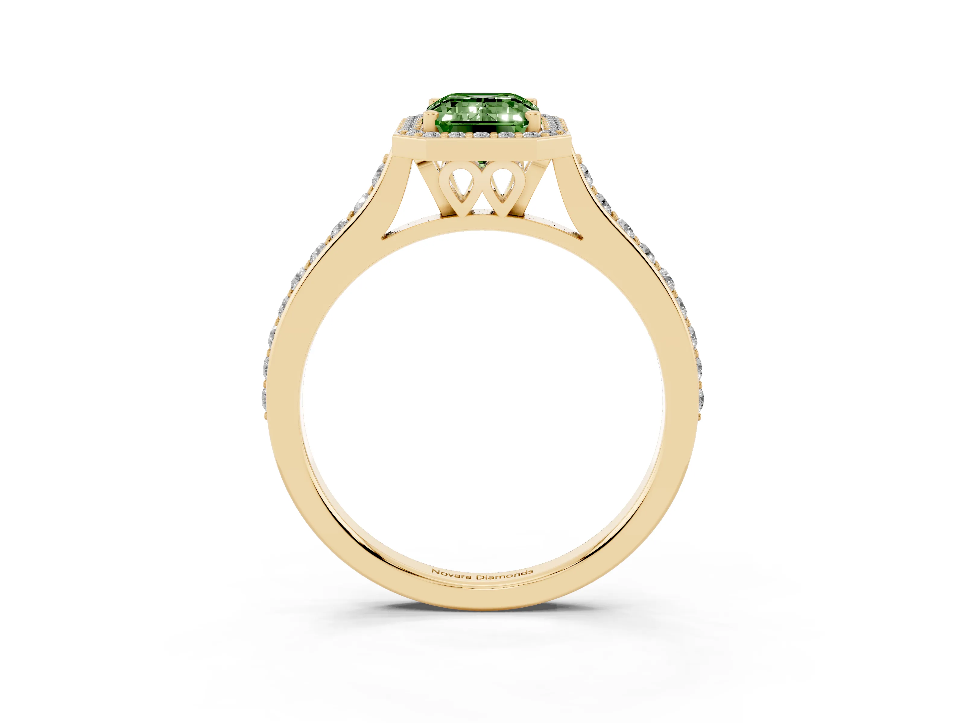 Fancy Green Emerald Cut Diamond Halo Engagement Ring Set in Yellow gold with Round Pavé Shoulders and Heart Gallery