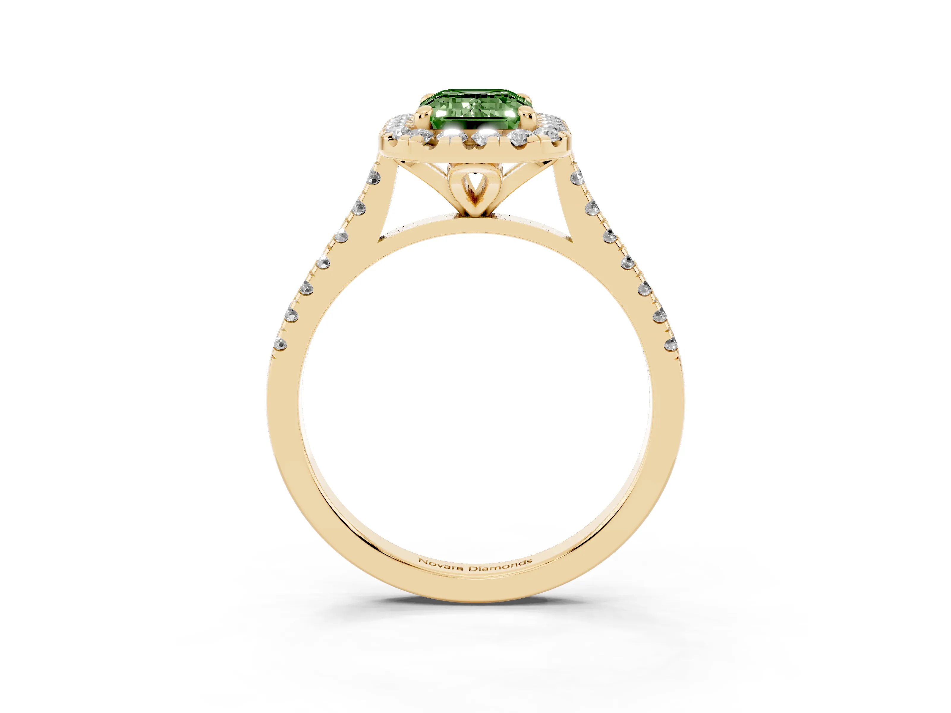 Fancy Green Emerald Cut Diamond Cushion Halo Ring Set in Yellow gold with Pavé Band