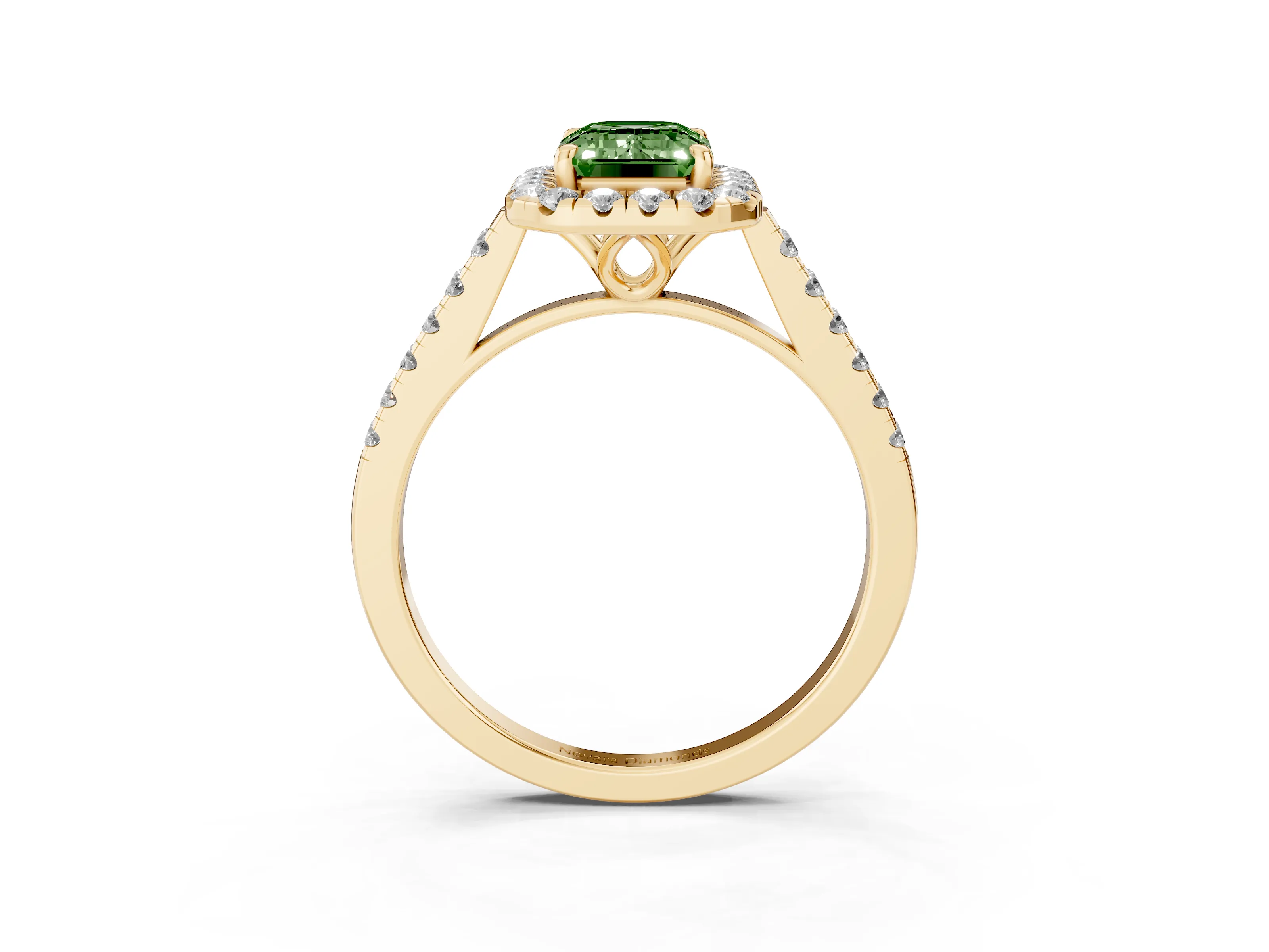Fancy Green Emerald Cut Diamond Pavé Halo Engagement Ring Set in Yellow gold with Pavé Band and Prong Setting