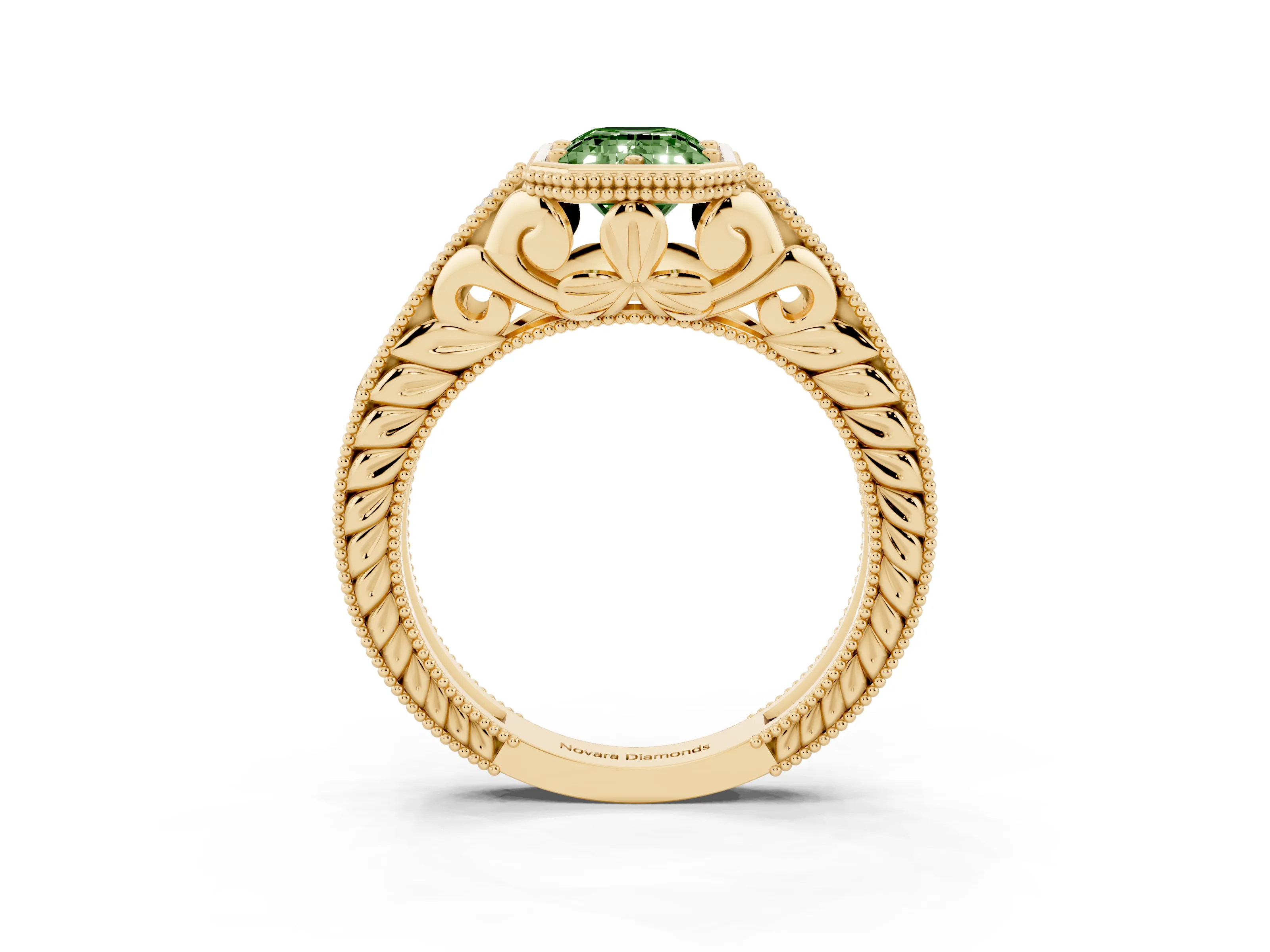 Fancy Green Bezel Set Emerald Cut Diamond Milgrain Pavé Engagement Ring Set in Yellow gold