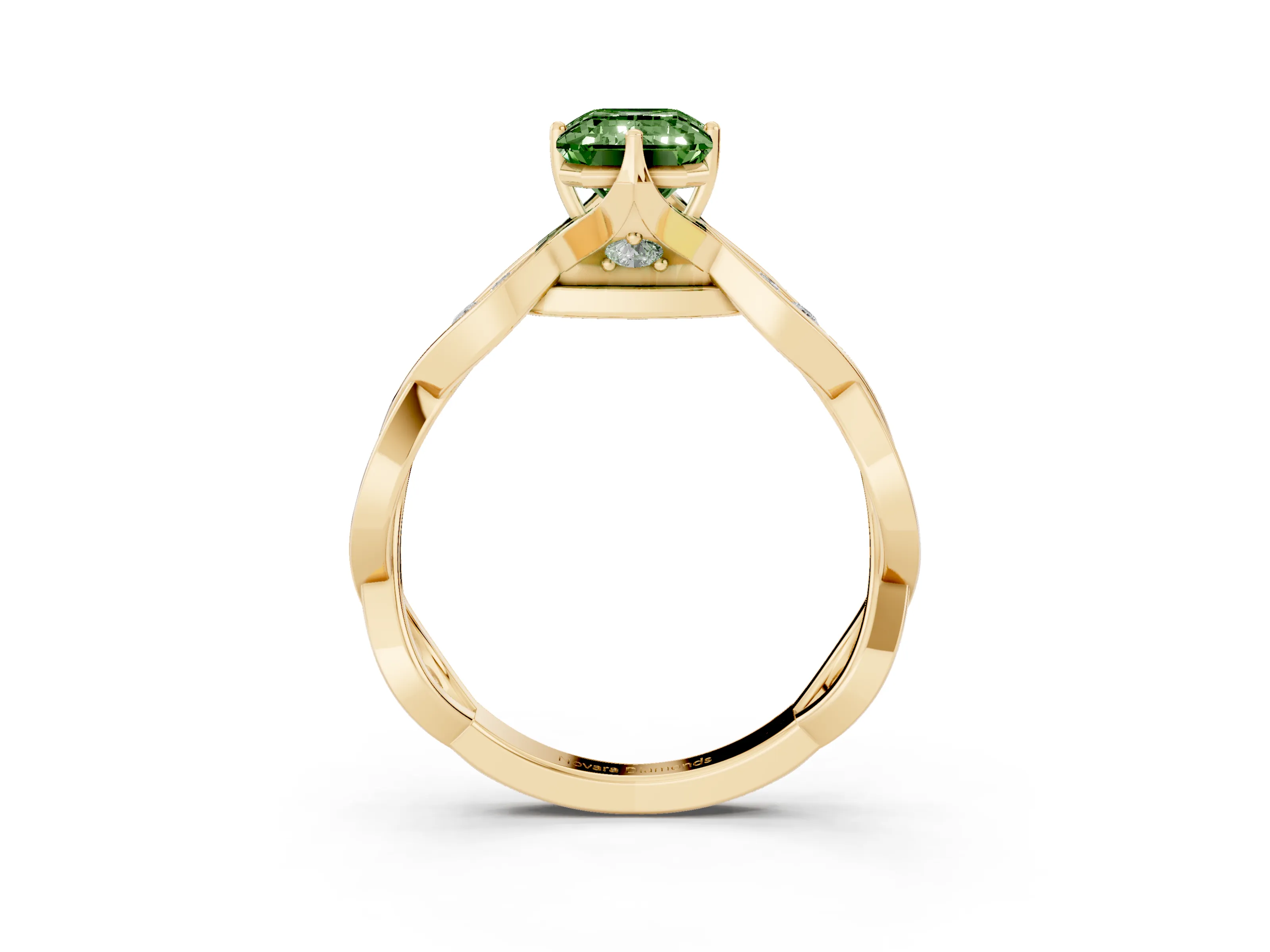 Fancy Green Emerald Cut Diamond Twist Band Solitaire Ring Set in Yellow gold with Leaf Prong Setting and Accent Stones