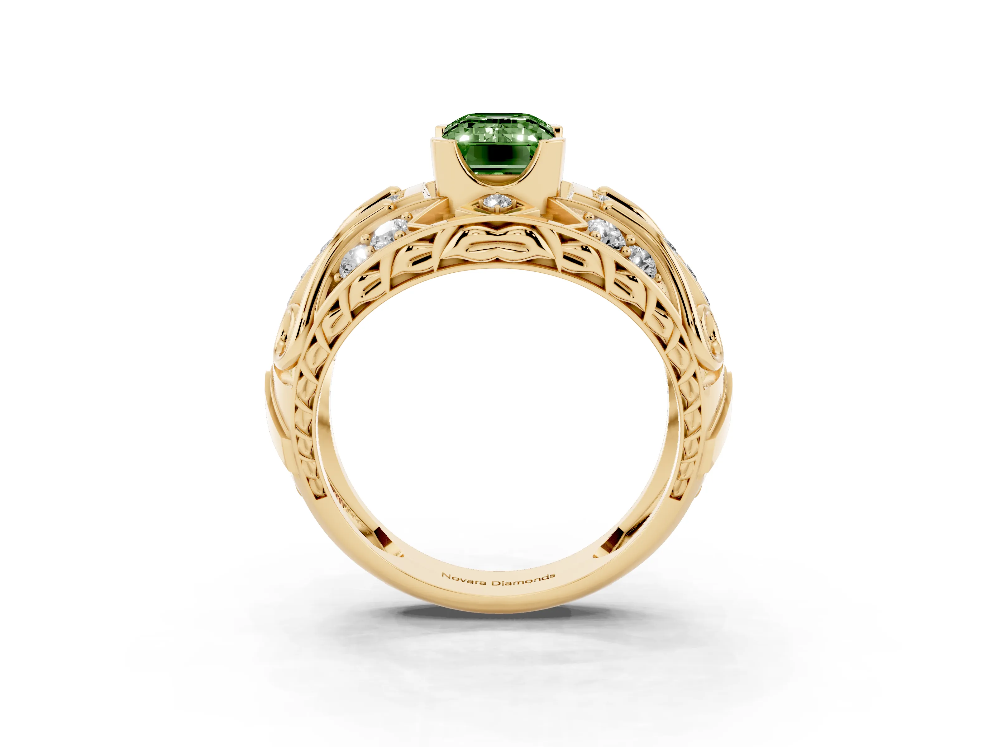 Fancy Green Emerald Cut Diamond Art Deco Ring Set in Yellow gold with Pavé Split Shank