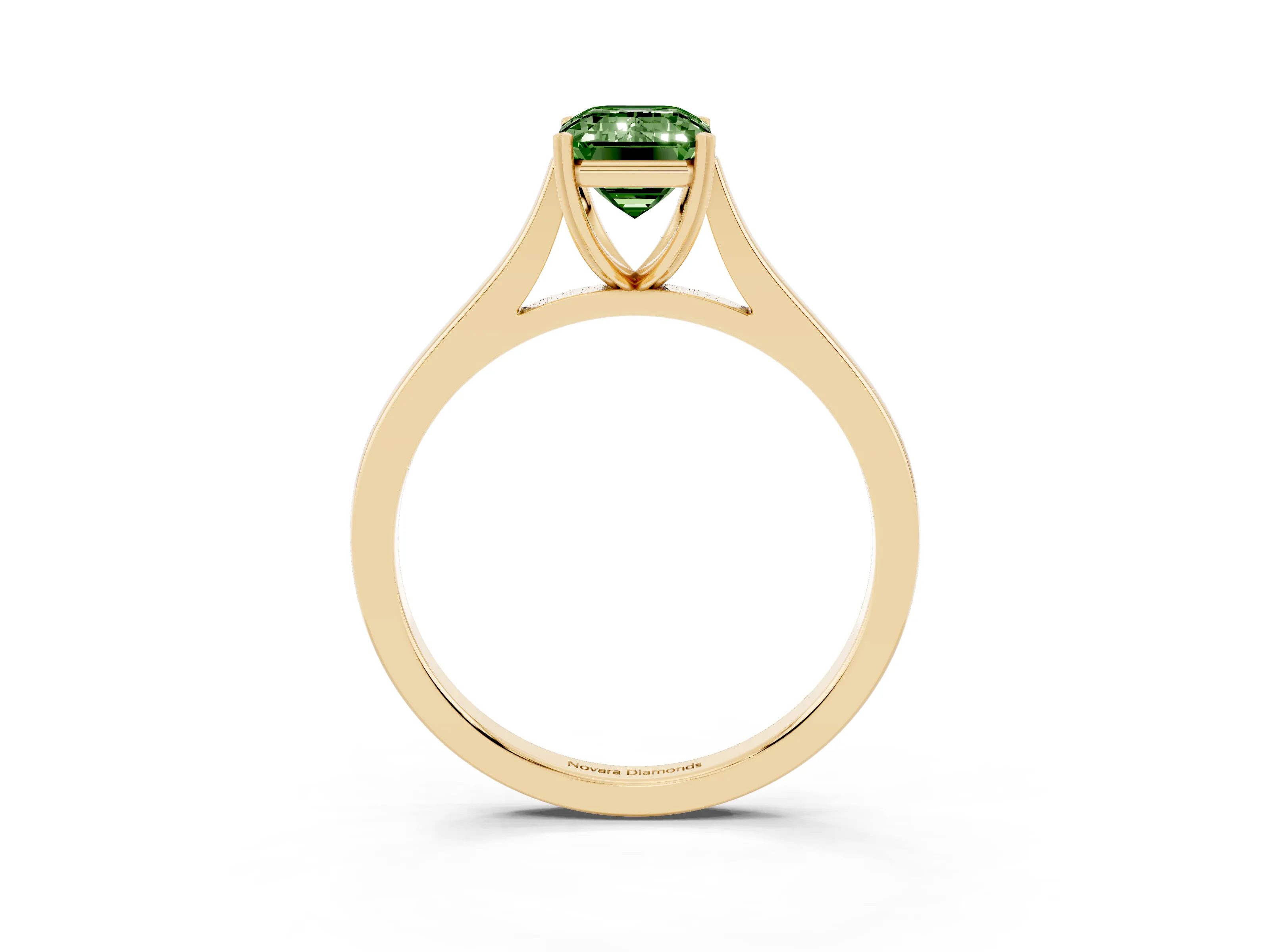 Fancy Green Emerald Cut Diamond Solitaire Heart Prong Engagement Ring Set in Yellow gold with Tapered Band