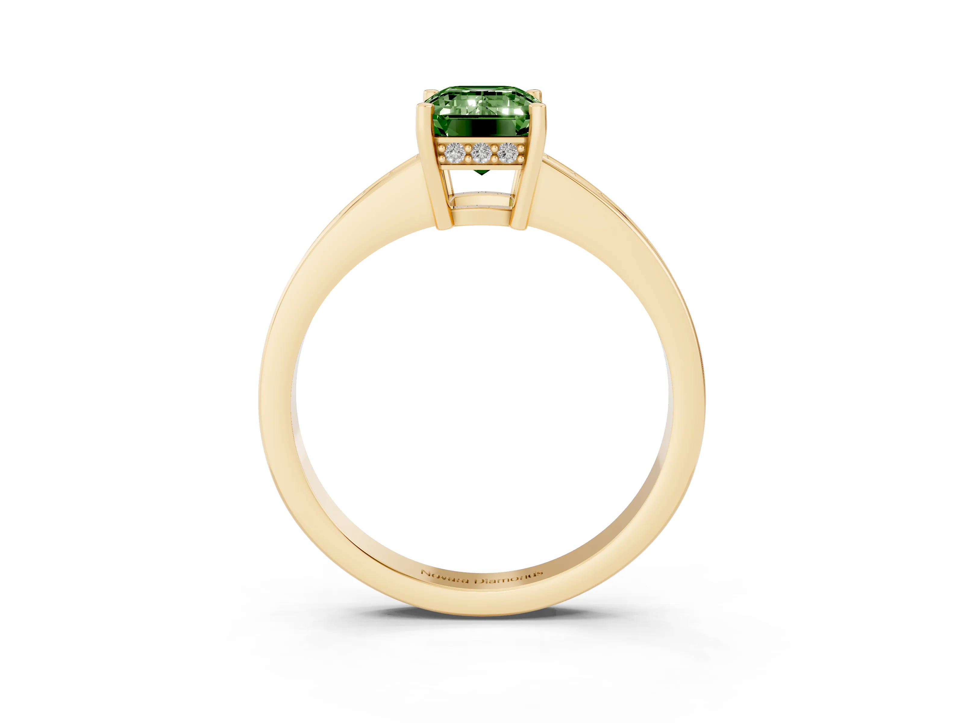 Fancy Green Emerald Cut Diamond Pavé Band Prong Set Solitaire Ring Set in Yellow gold