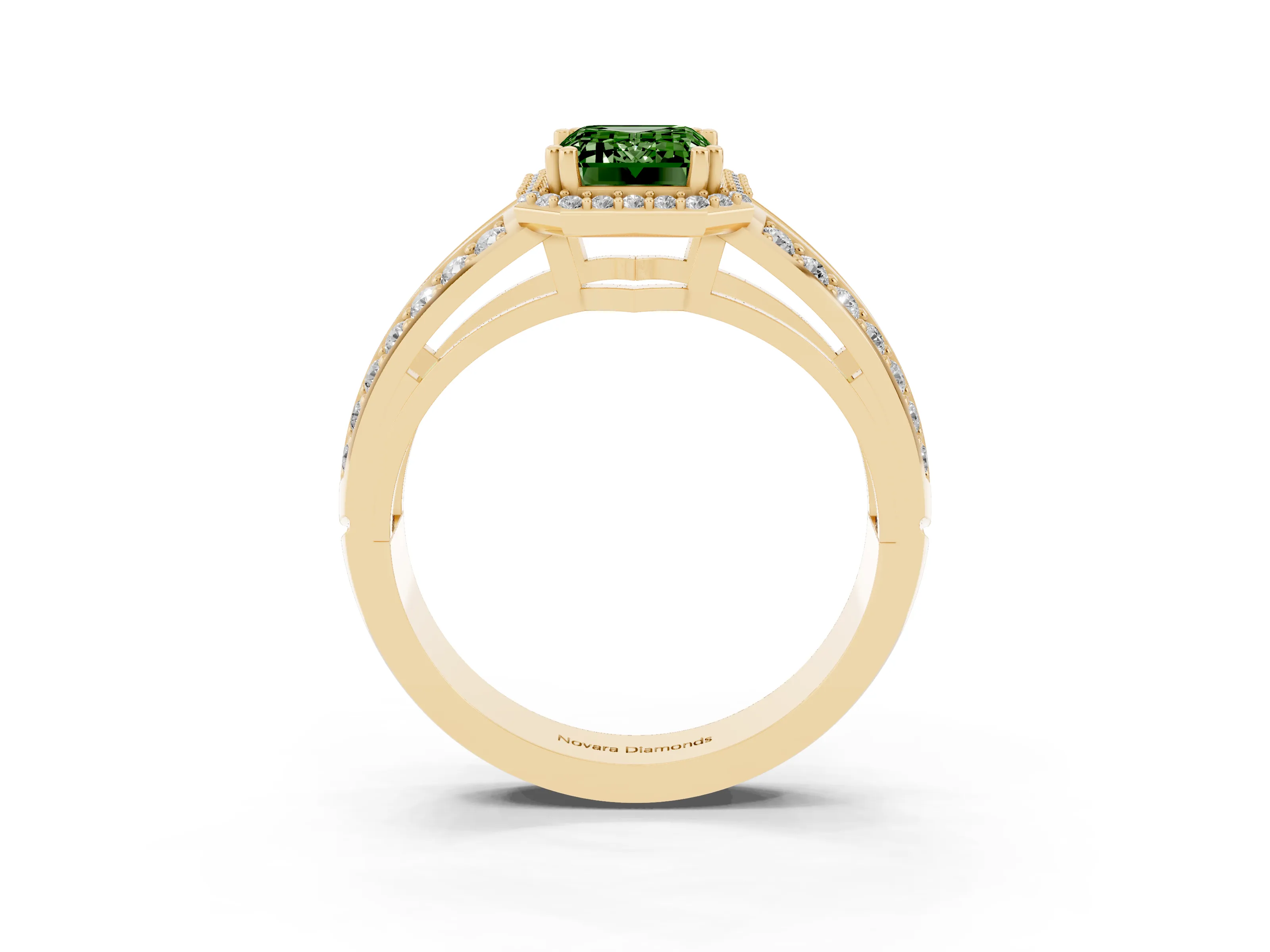 Fancy Green Emerald Cut Diamond Halo Ring Set in Yellow gold with Double Pavé Split Shank