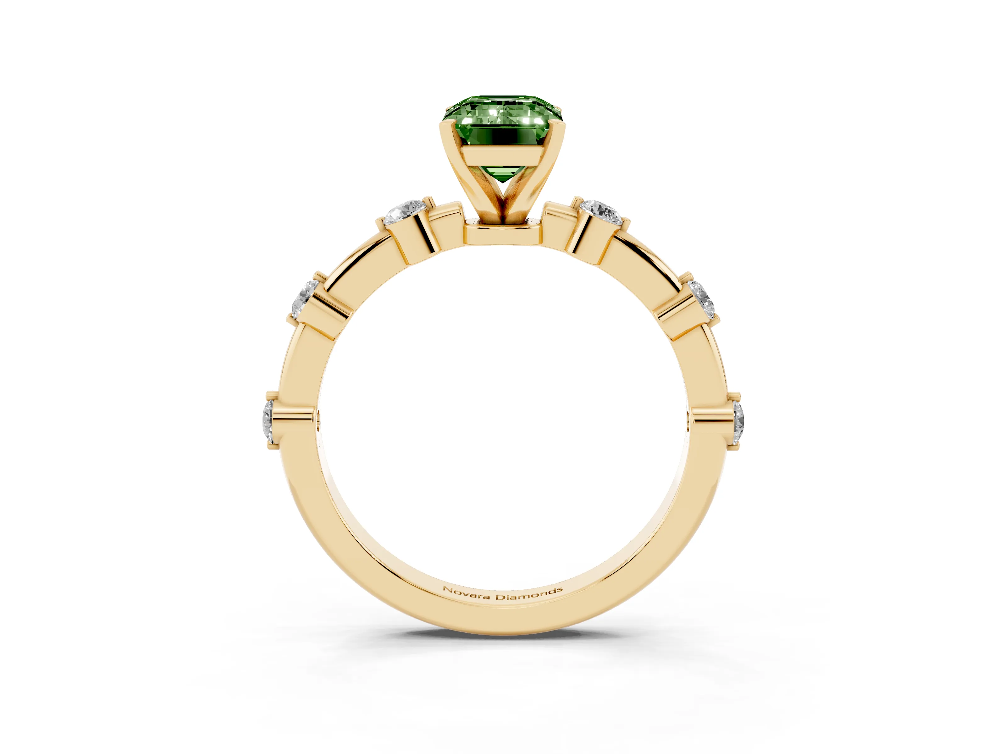 Fancy Green Emerald Cut Diamond Solitaire Ring Set in Yellow gold with Bezel Set Side Stones and Prong Setting