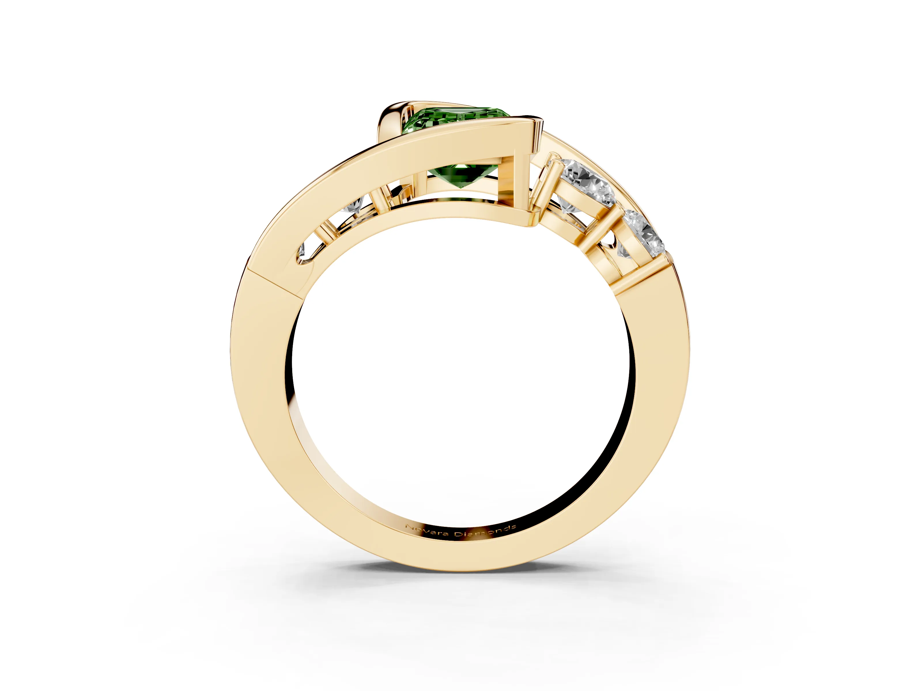 Fancy Green Emerald Cut Diamond Bezel Bypass Ring Set in Yellow gold with Round Accents