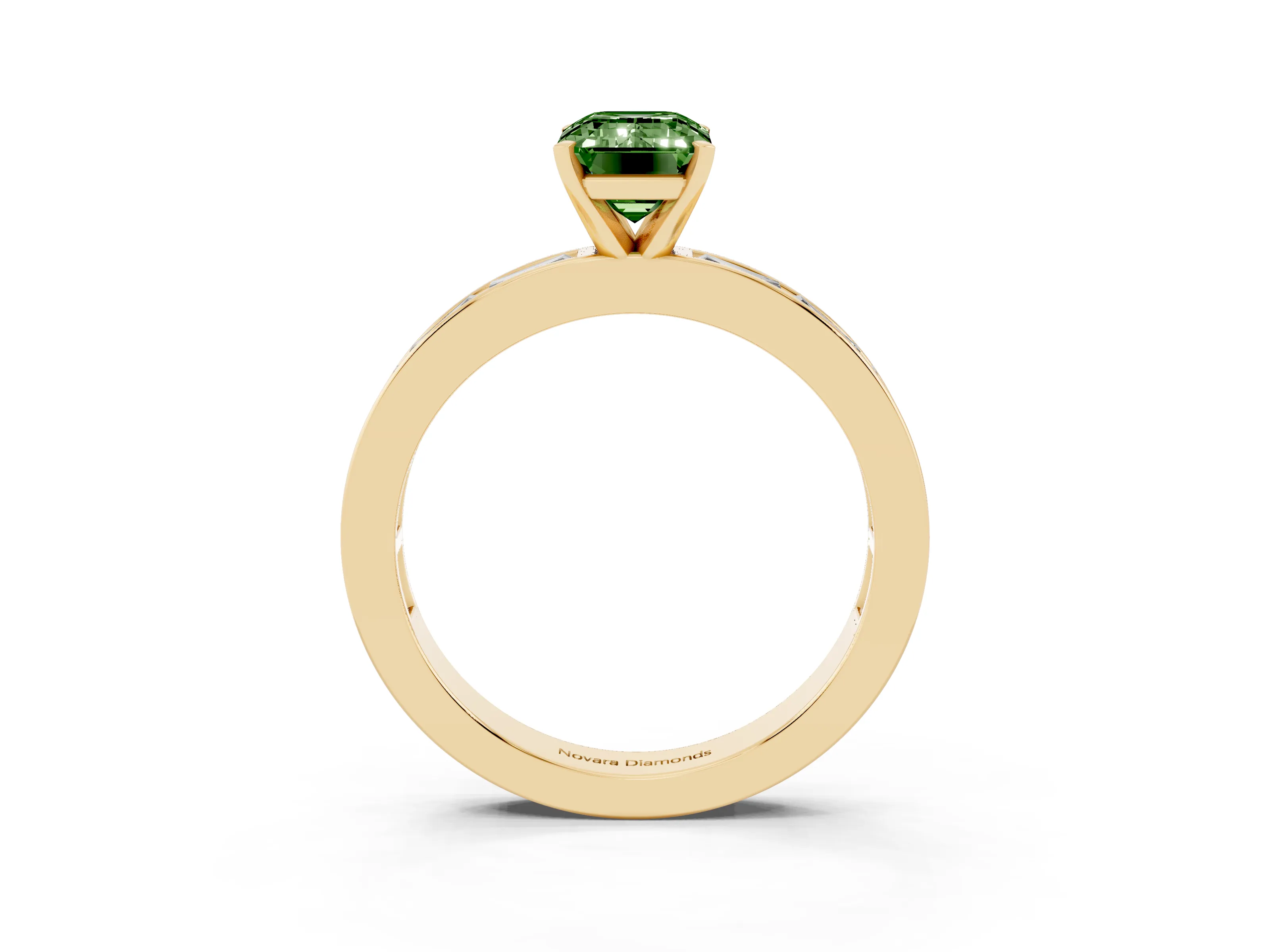 Fancy Green Emerald Cut Diamond Solitaire Ring Set in Yellow gold with Channel-Set Baguette Band and Prong Setting