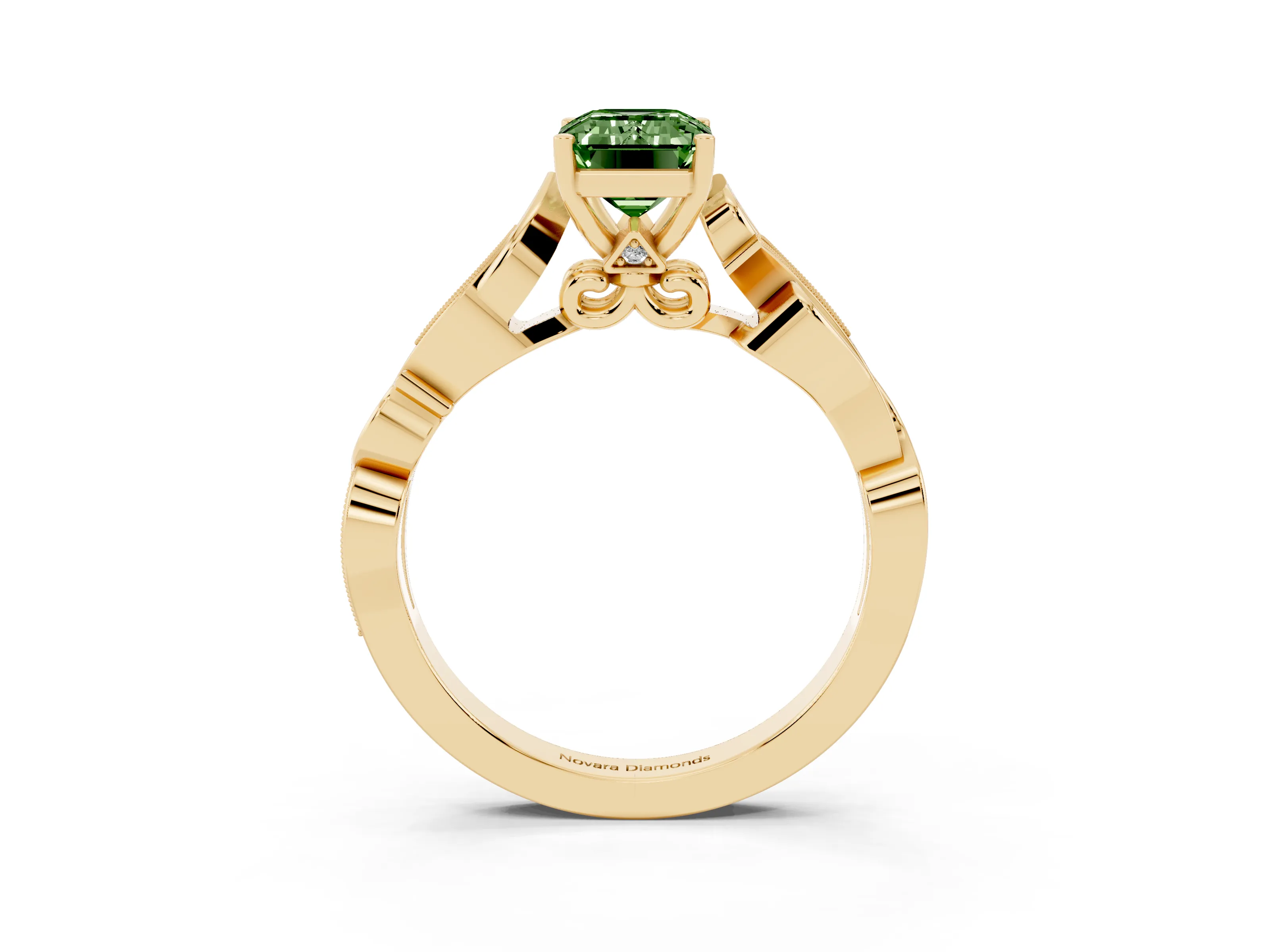 Fancy Green Emerald Cut Diamond Vine Band Solitaire Ring Set in Yellow gold with Milgrain Prong Setting