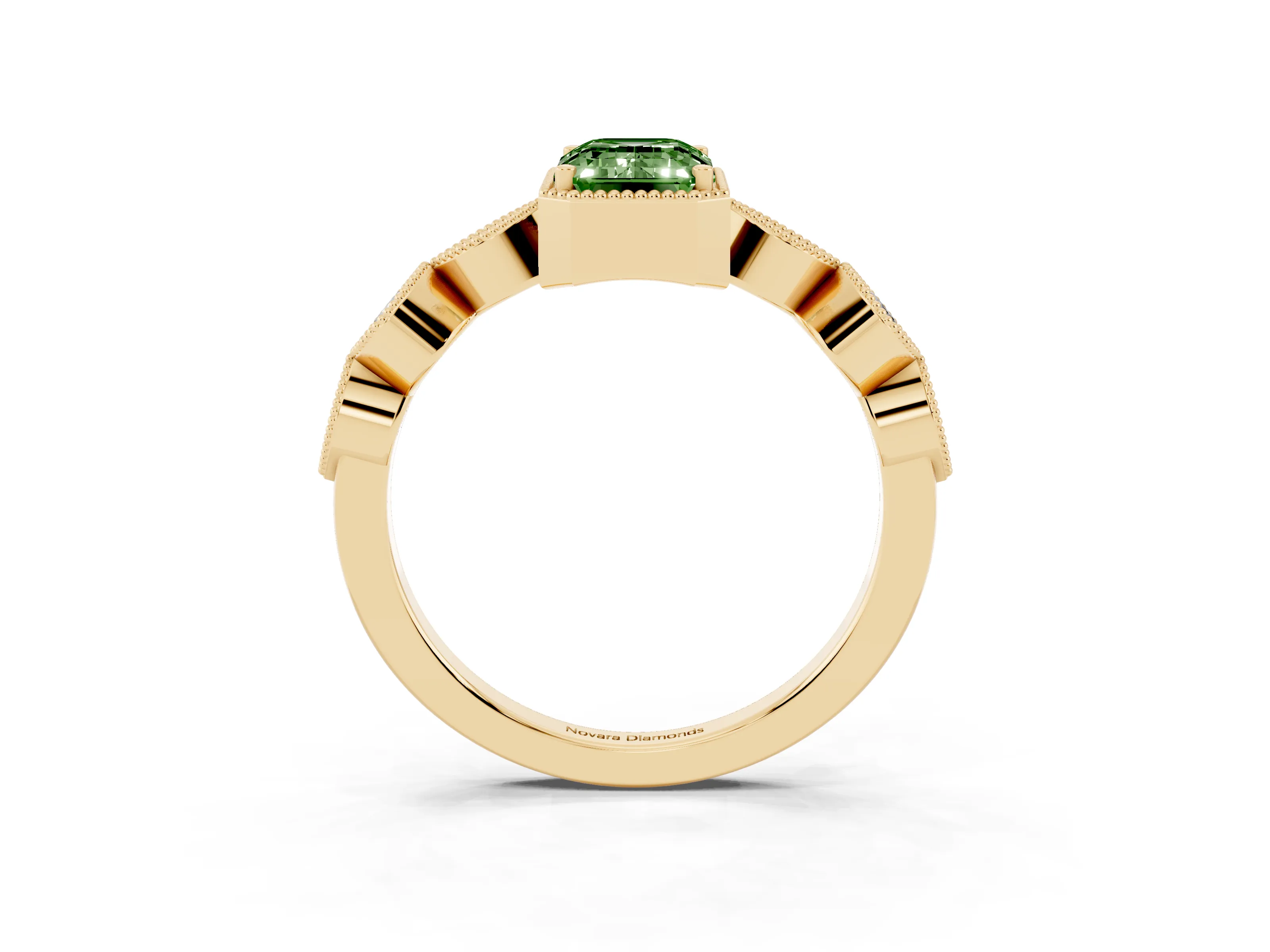 Fancy Green Emerald Cut Diamond Vintage-Inspired Milgrain Ring Set in Yellow gold with Marquise Stations of Round Accents
