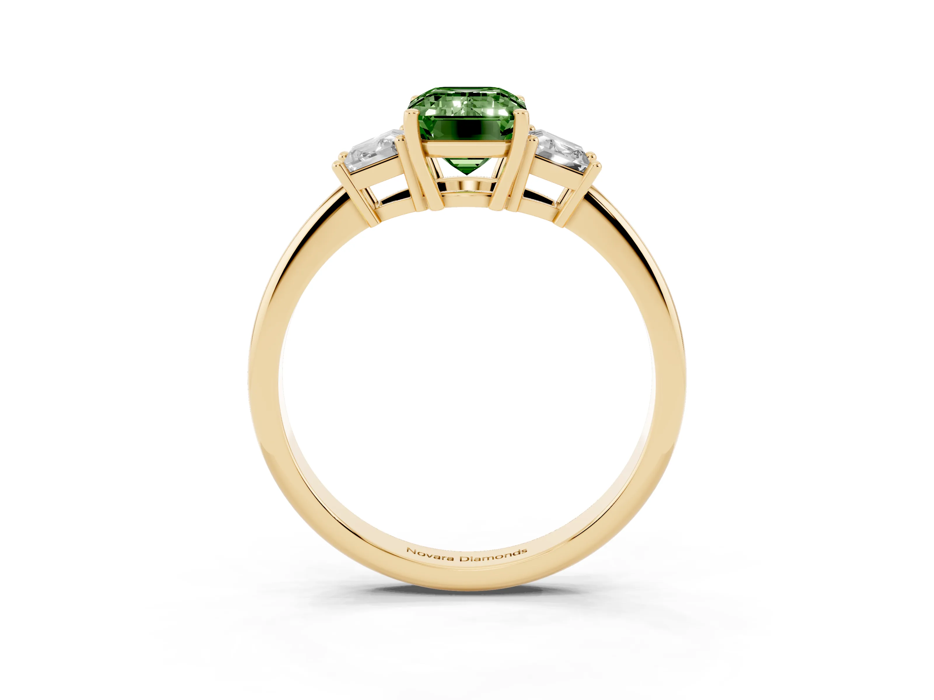 Fancy Green Emerald Cut Diamond Three-Stone Ring Set in Yellow gold with Trapezoid Side Stones and Prong Setting