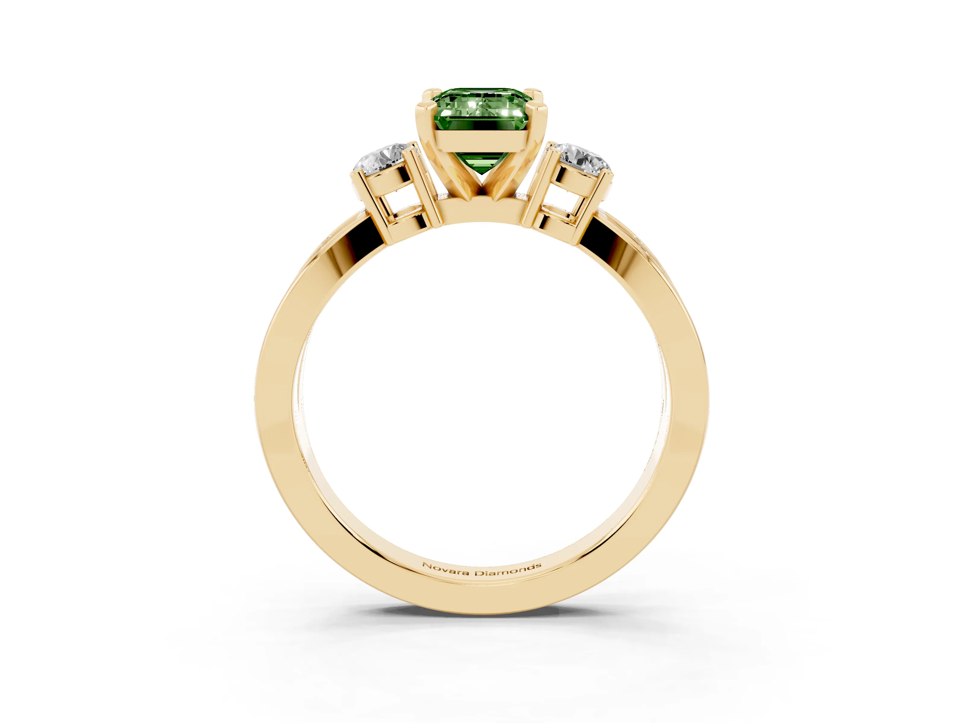 Fancy Green Three-Stone Emerald Cut Diamond Twist Band Ring Set in Yellow gold with Pavé Accents and Prong Setting
