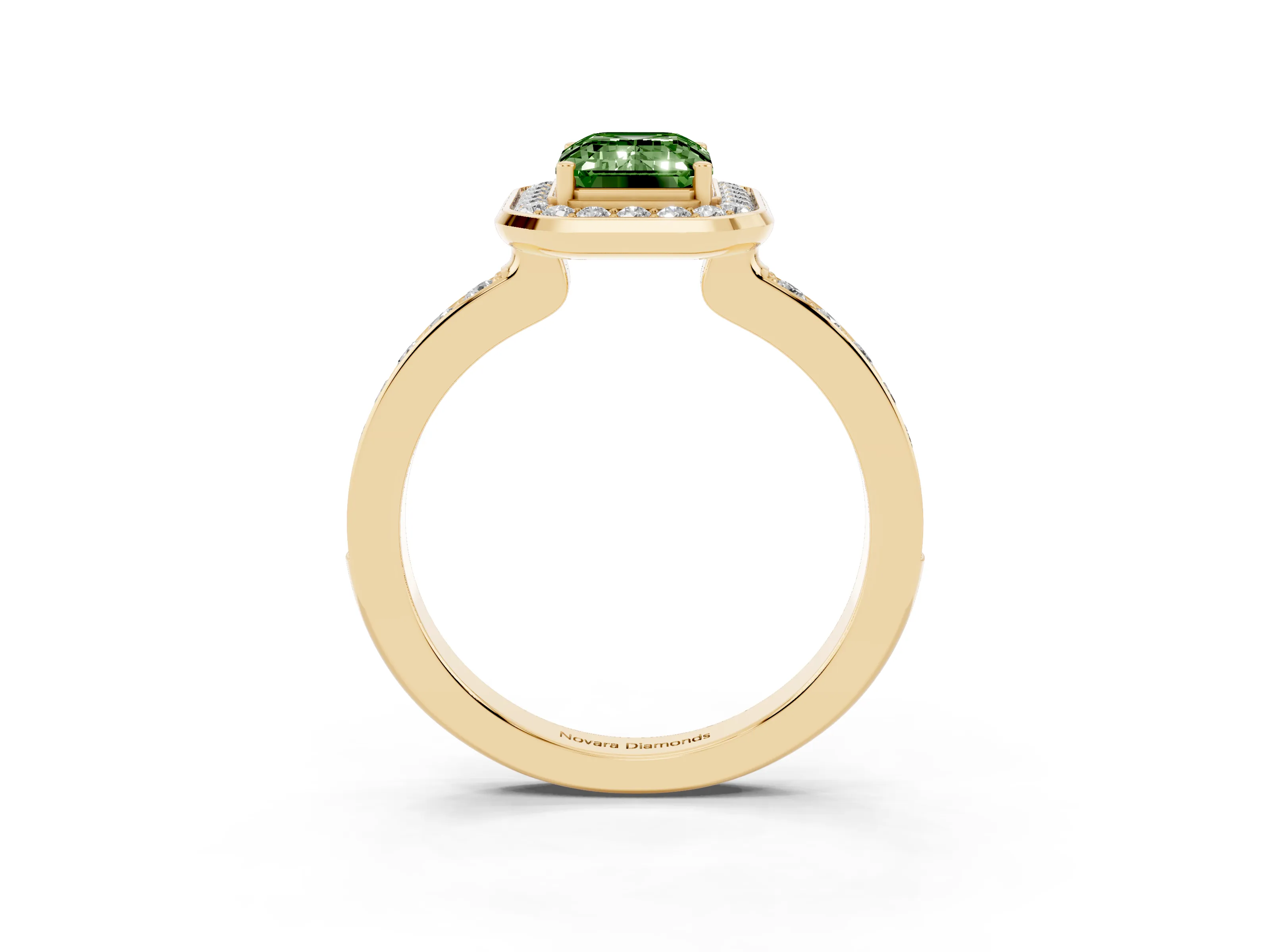 Fancy Green Emerald Cut Diamond Halo Ring Set in Yellow gold with Bezel Frame and Pavé Band