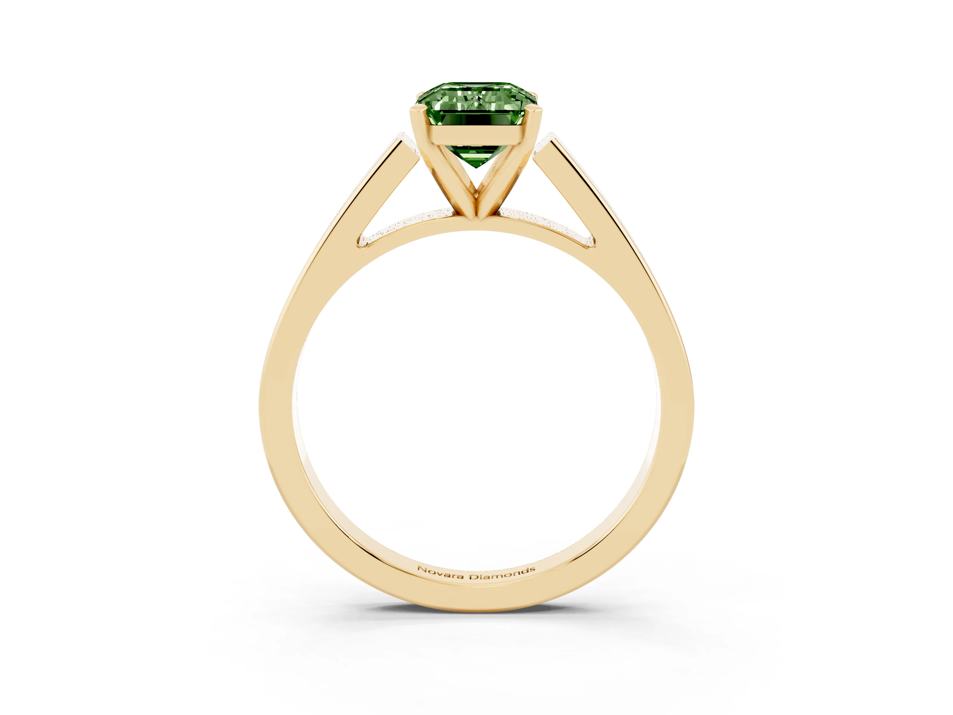 Fancy Green Emerald Cut Diamond Solitaire Engagement Ring Set in Yellow gold with Prong Setting and Tapered Band