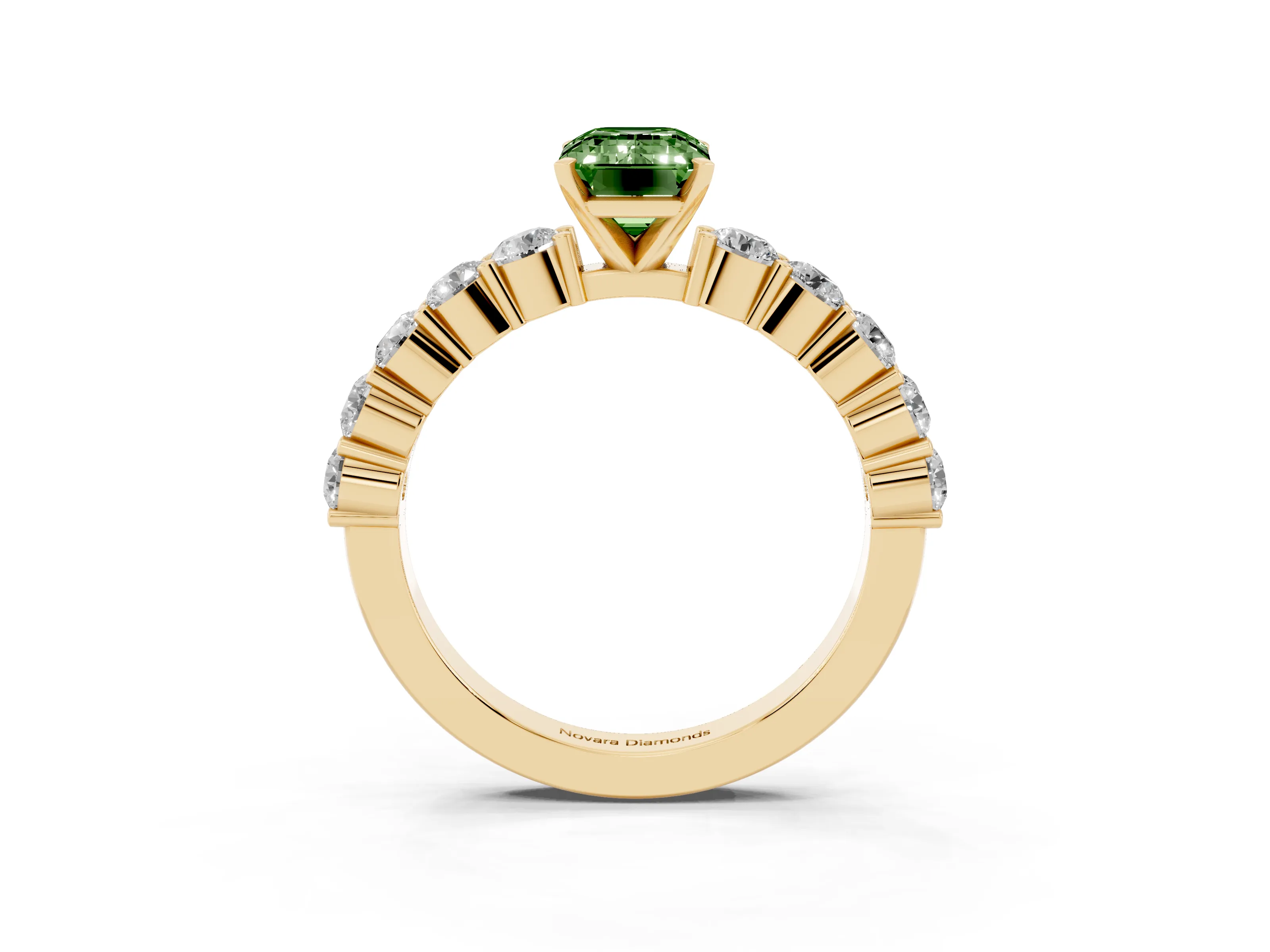 Fancy Green Emerald Cut Diamond Solitaire Ring Set in Yellow gold with Shared Prong Round Side Stones