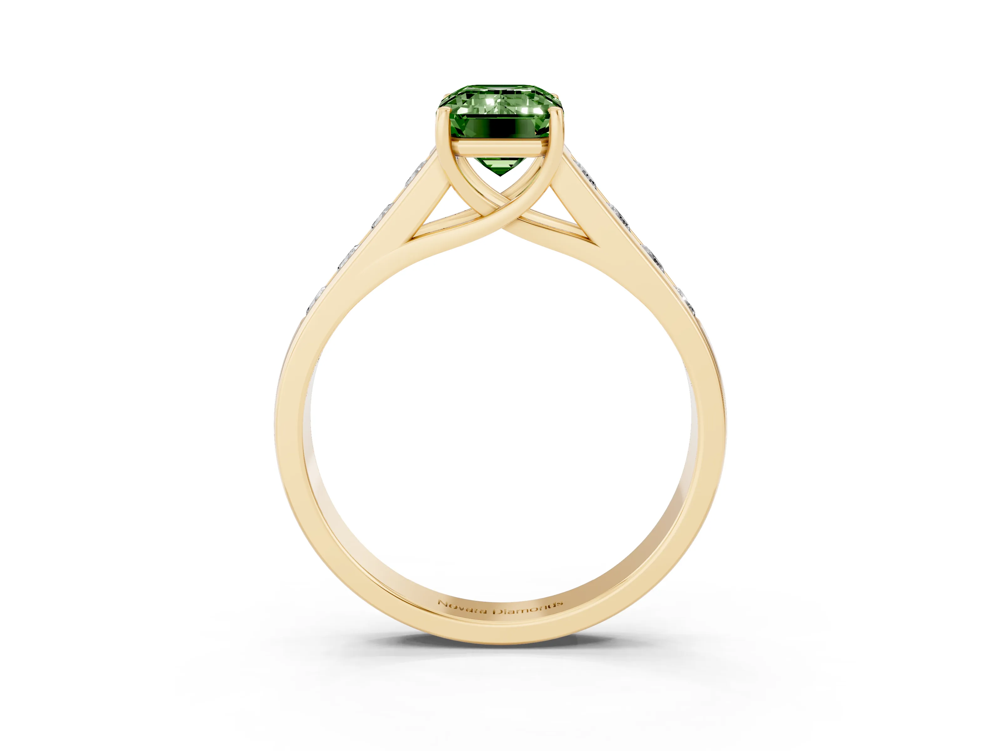 Fancy Green Emerald Cut Diamond Solitaire Channel-Set Engagement Ring Set in Yellow gold with Prong Setting