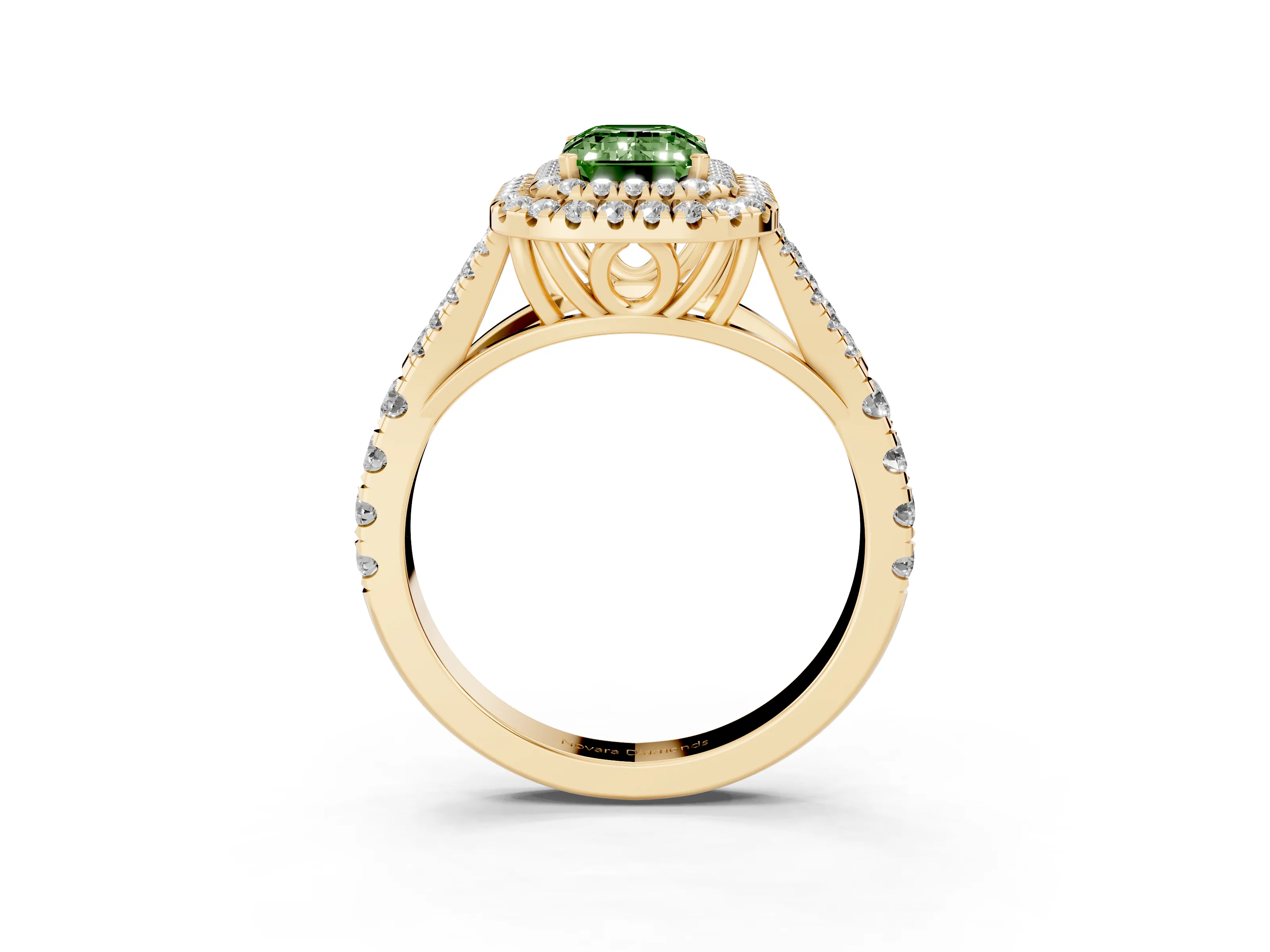 Fancy Green Emerald Cut Diamond Pavé Split Shank Double Halo Engagement Ring Set in Yellow gold