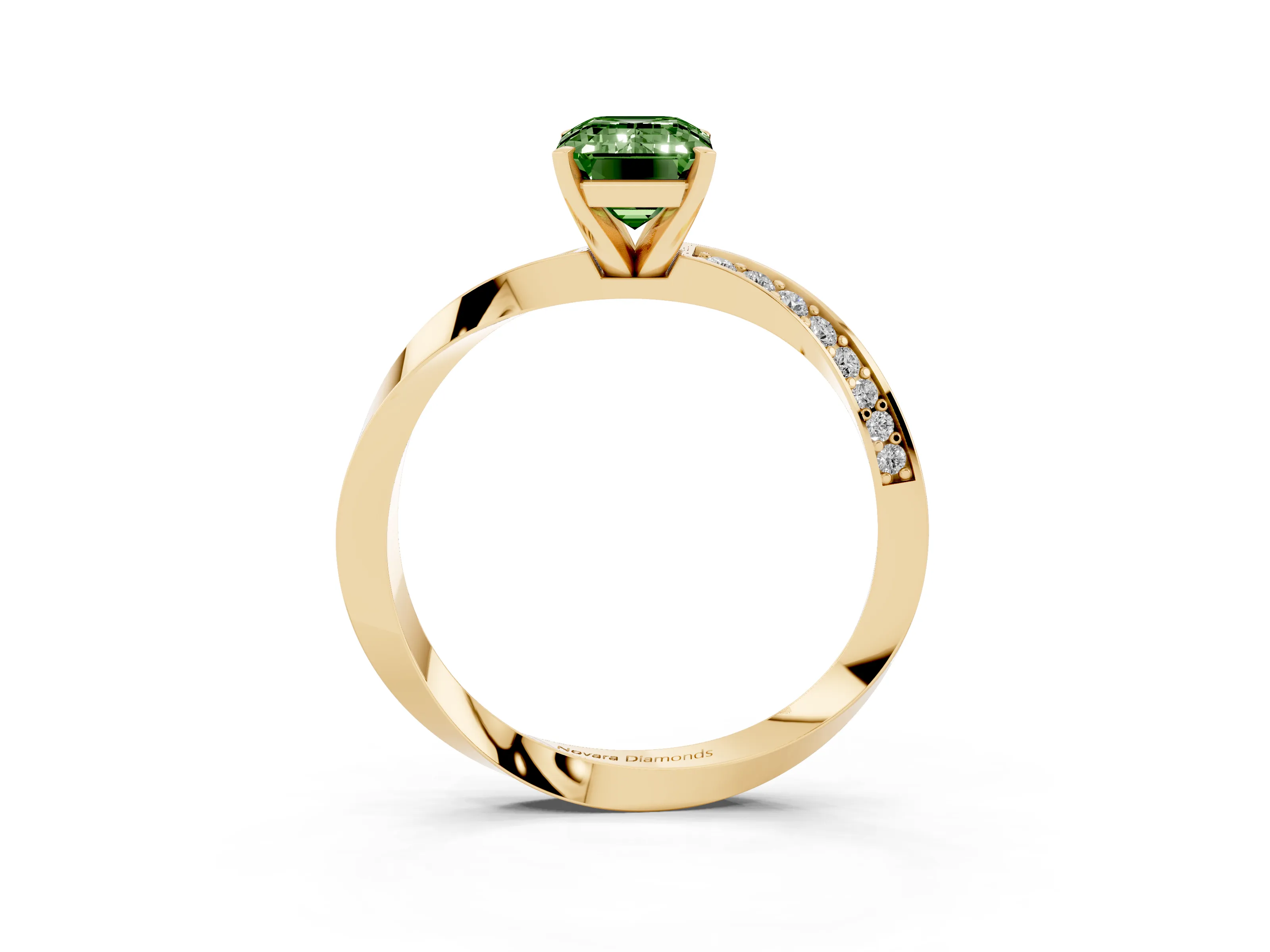Fancy Green Emerald Cut Diamond Engagement Ring Set in Yellow gold with Side Stone Accents and Prong Setting