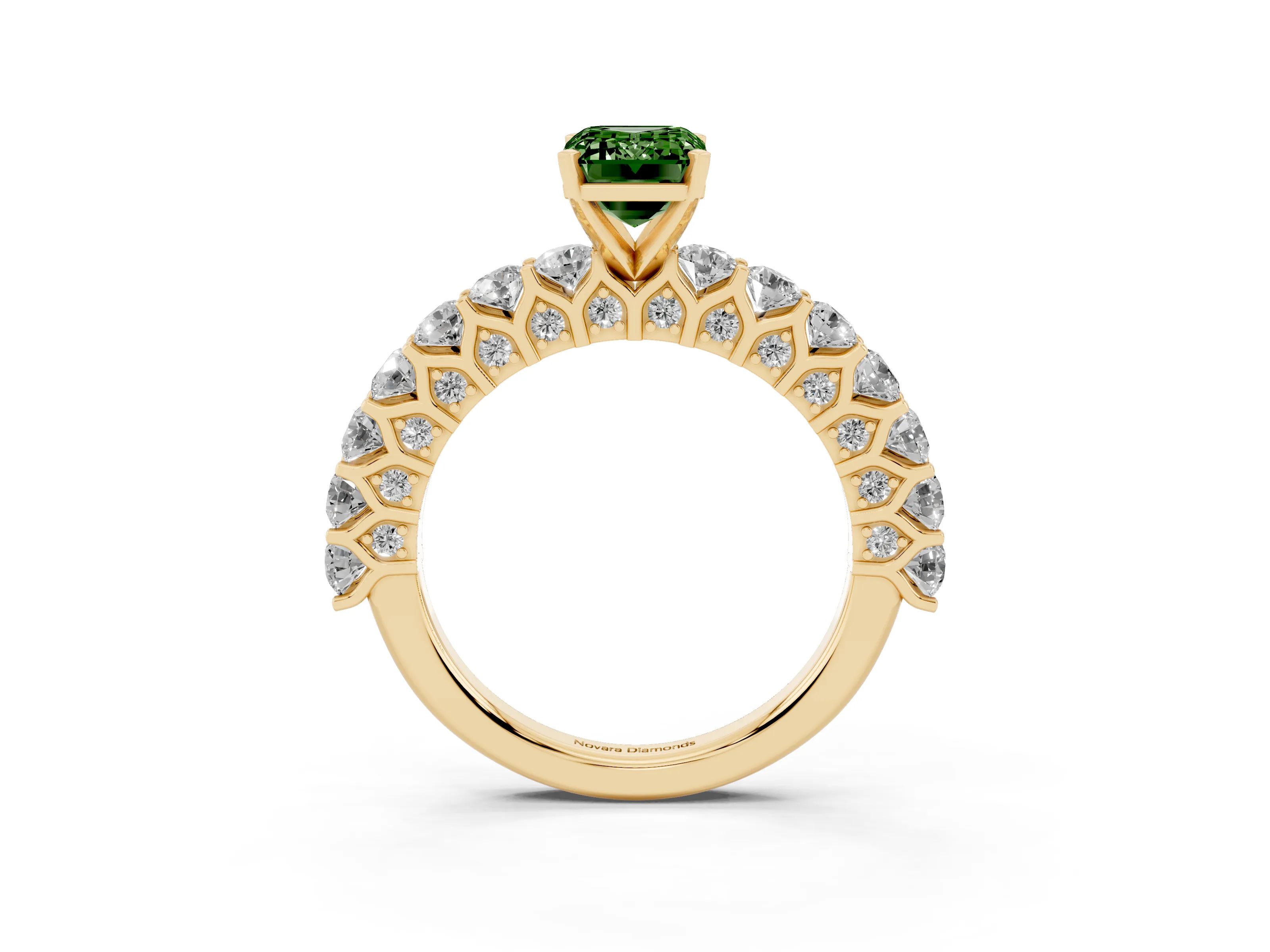 Fancy Green Emerald Cut Diamond Solitaire Ring Set in Yellow gold with Shared Prong Pavé Band