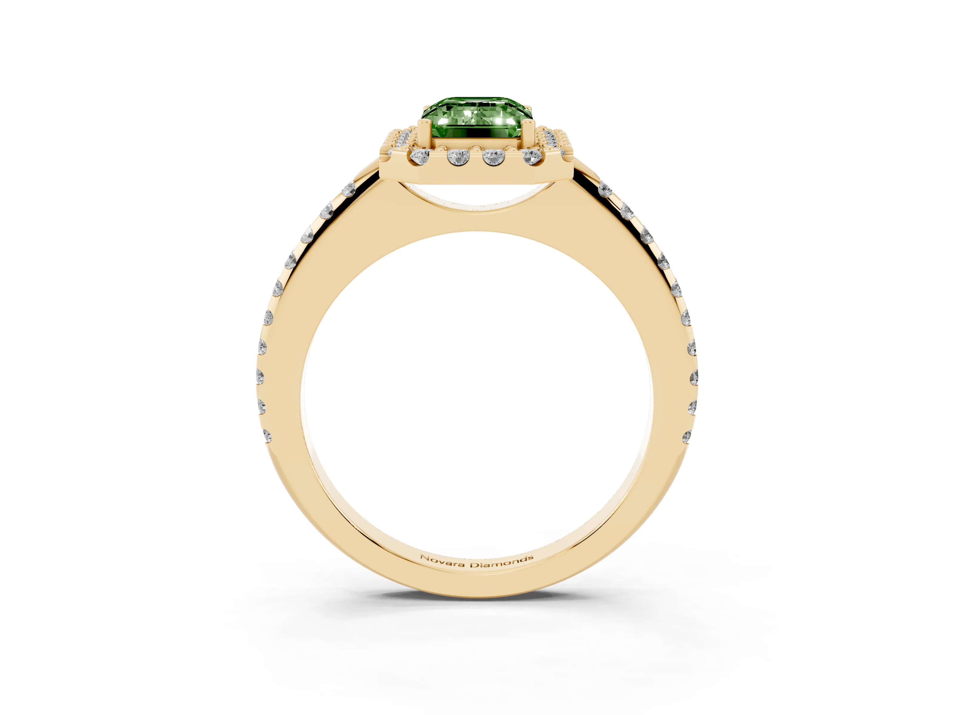 Fancy Green Emerald Cut Diamond Pavé Halo Ring Set in Yellow gold with Prong Setting