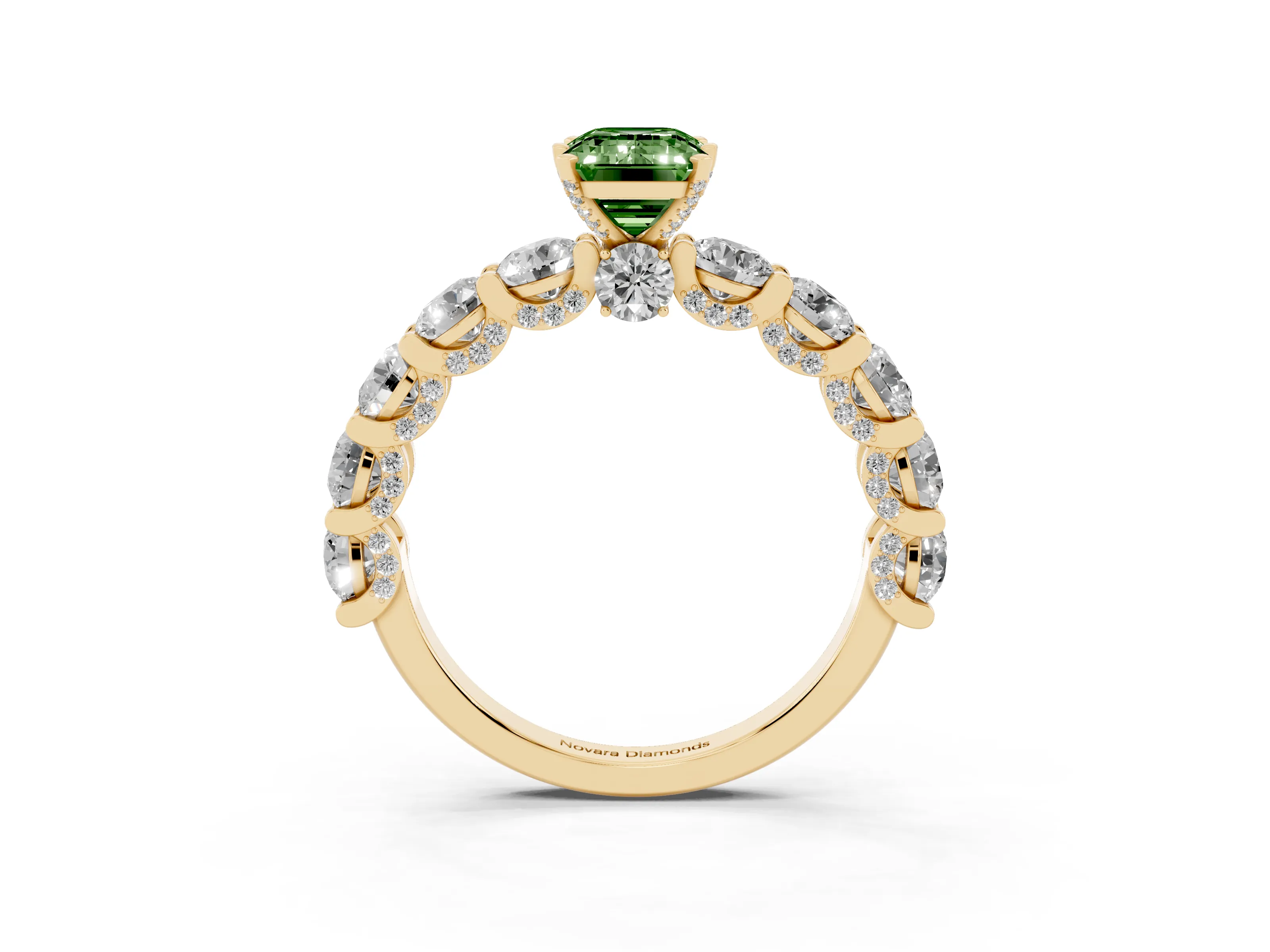 Fancy Green Emerald Cut Diamond Side Stone Ring Set in Yellow gold with Alternating Round and Oval Side Stones