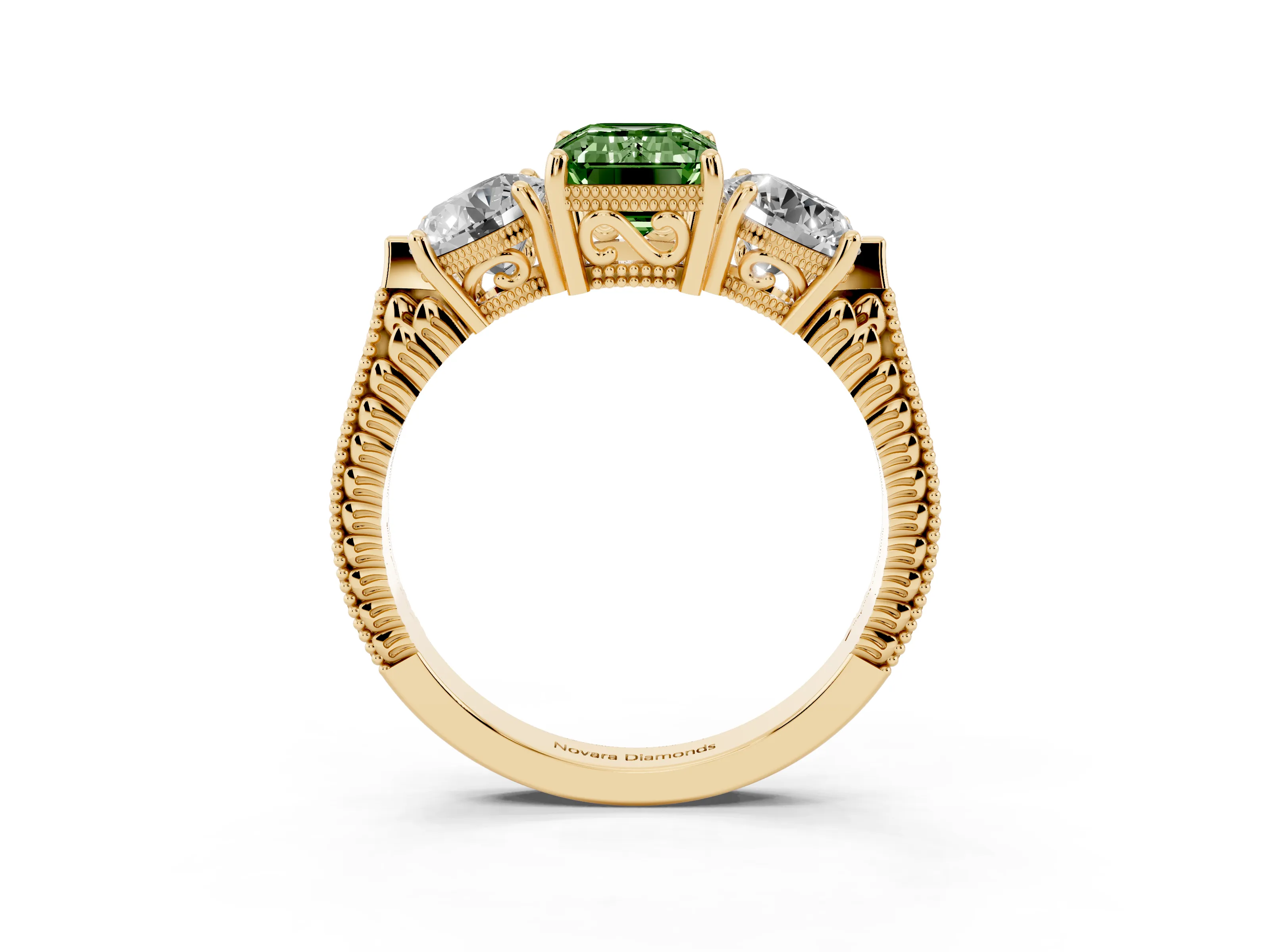 Fancy Green Emerald Cut Diamond Three-Stone Ring Set in Yellow gold with Milgrain Band