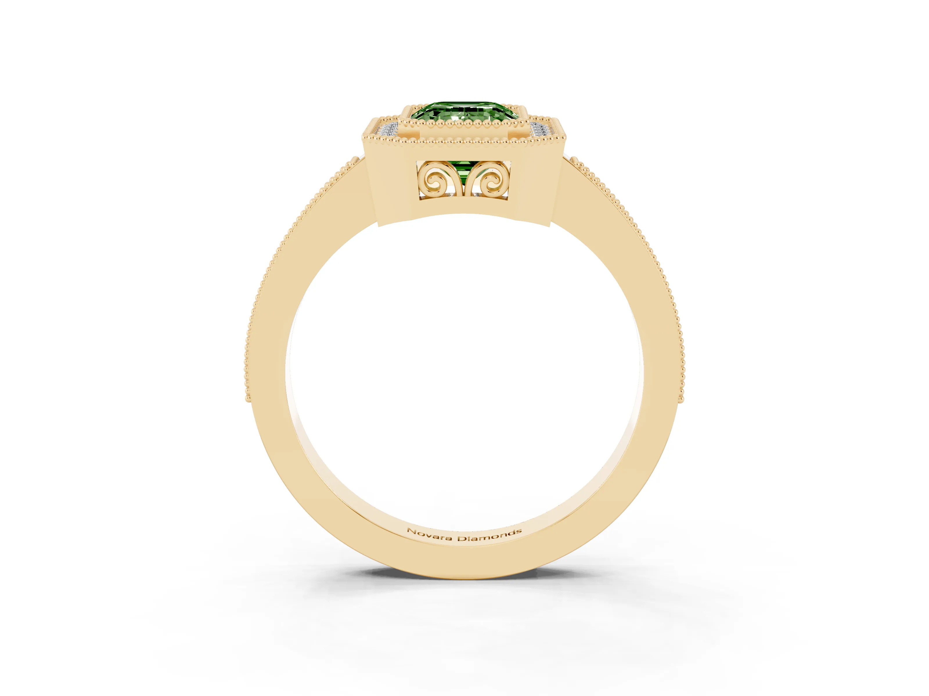 Fancy Green Emerald Cut Diamond Halo Ring Set in Yellow gold with Pavé Band and Milgrain-Edged Prongs