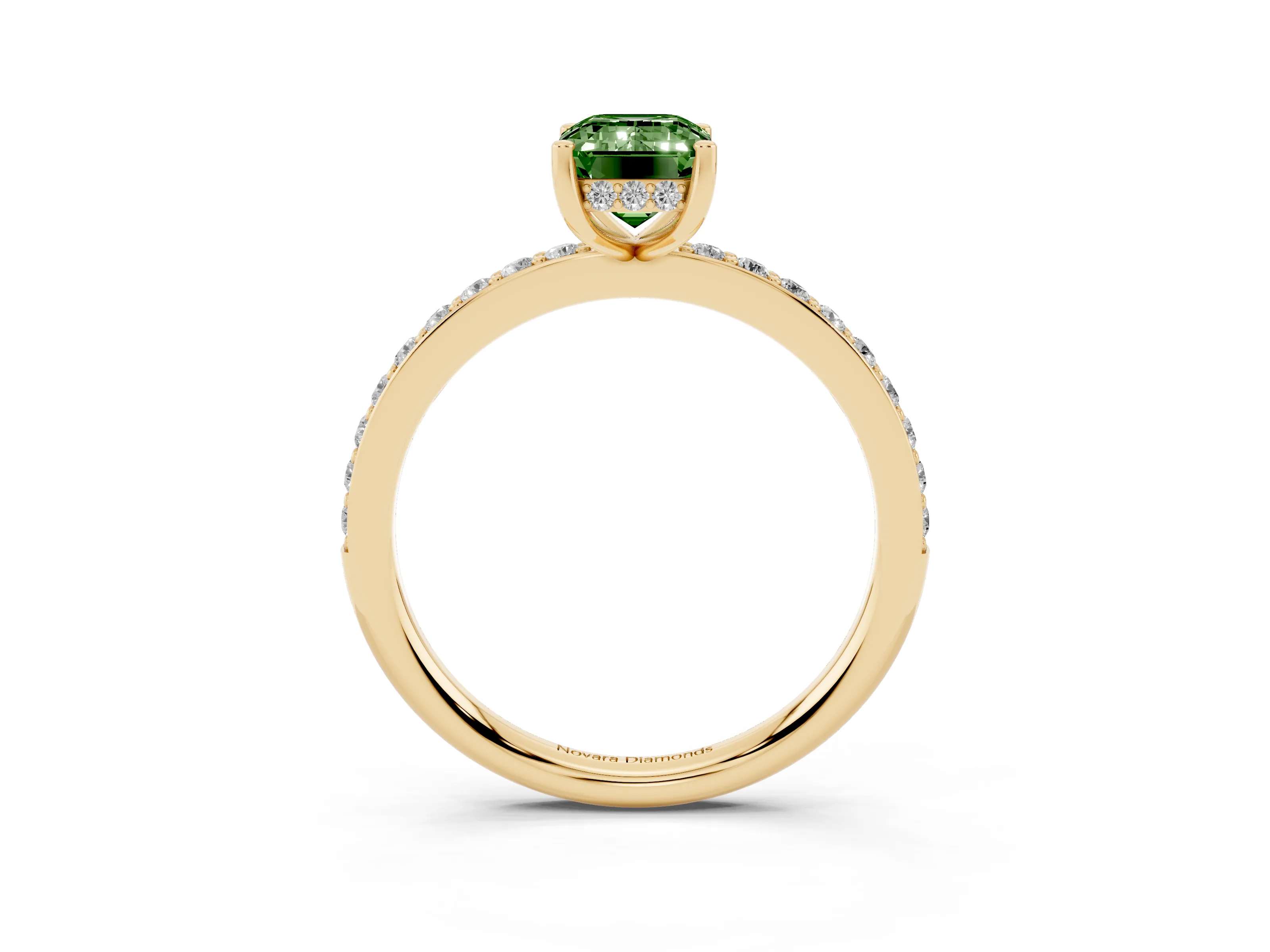 Fancy Green Emerald Cut Diamond Pavé Band Ring Set in Yellow gold with Prong-Set Center Stone