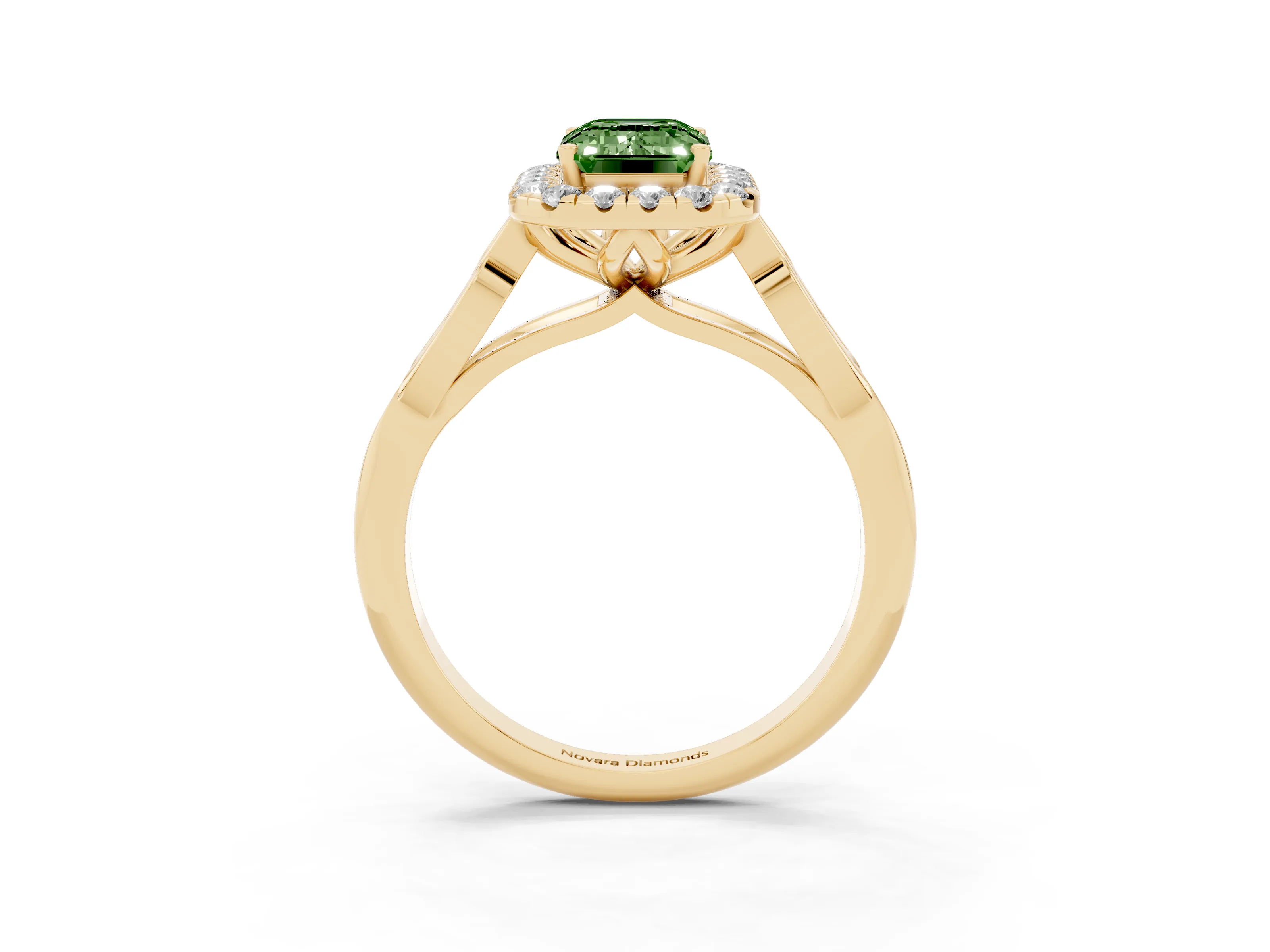 Fancy Green Emerald Cut Diamond Halo Engagement Ring Set in Yellow gold with Filigree Band and Prong-Set Center