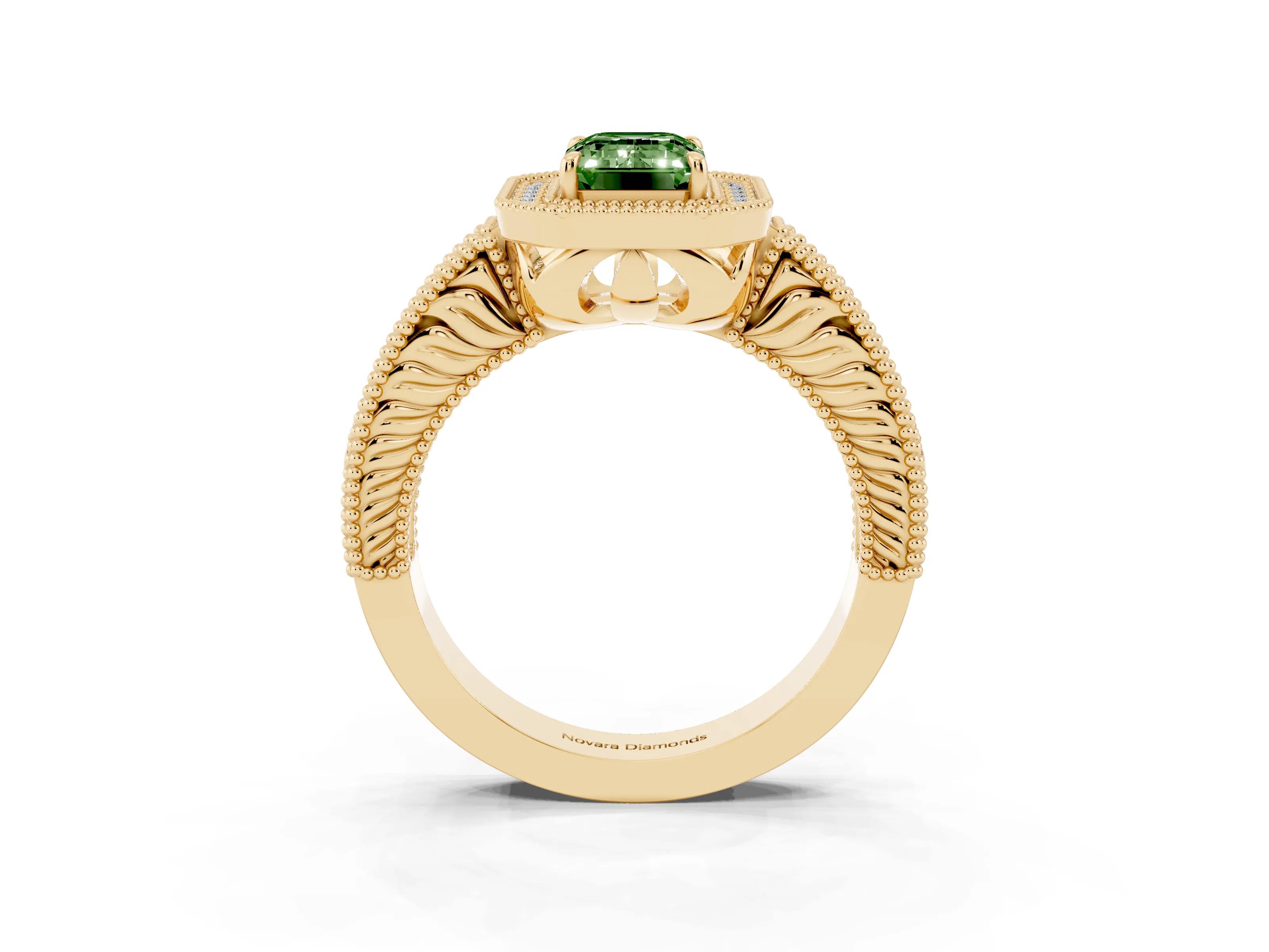 Fancy Green Emerald Cut Diamond Halo Ring Set in Yellow gold with Round Accent Halo, Pavé Band and Prong Setting