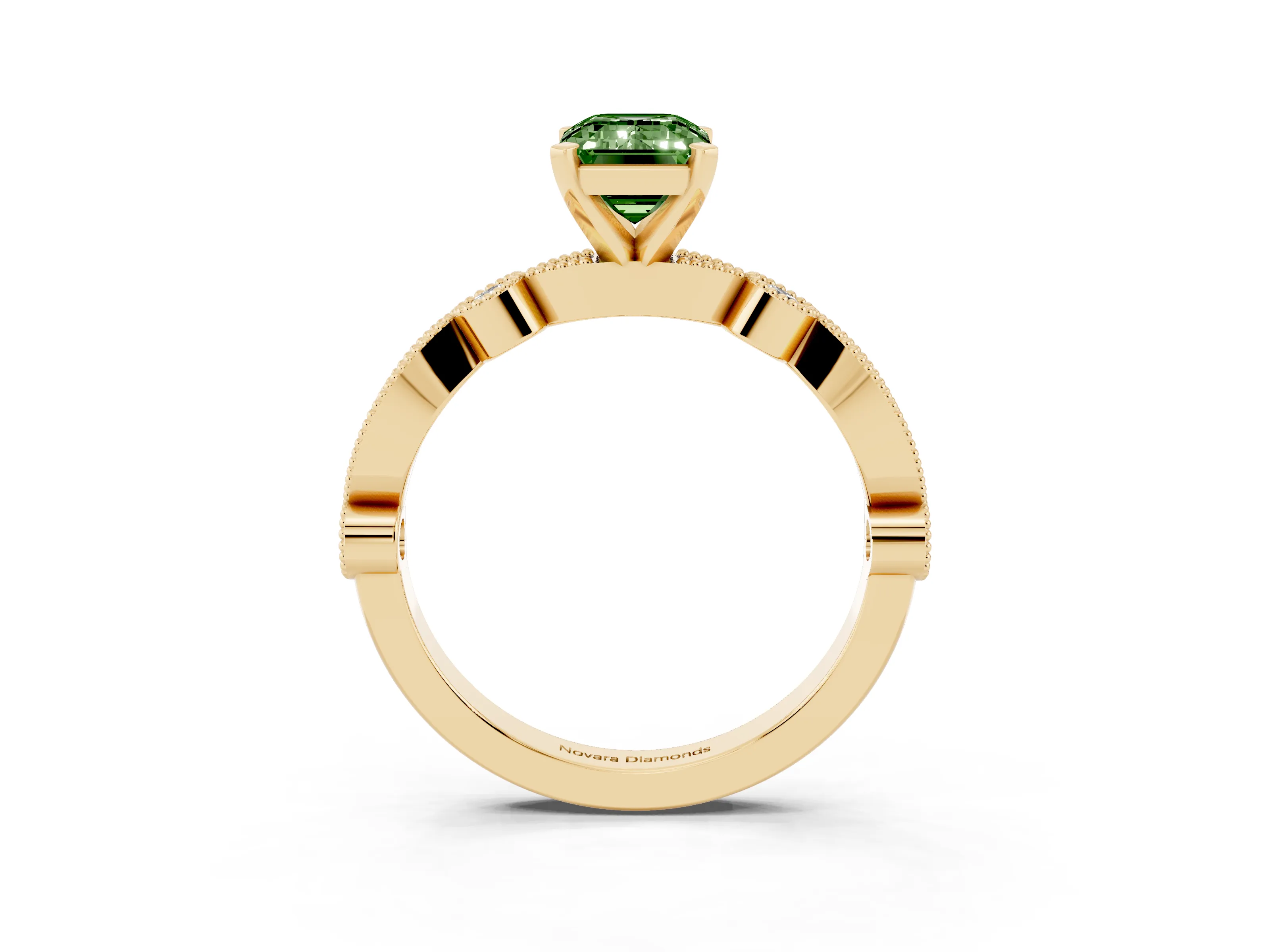 Fancy Green Emerald Cut Diamond Solitaire Engagement Ring Set in Yellow gold with Milgrain Bezel Accent Band