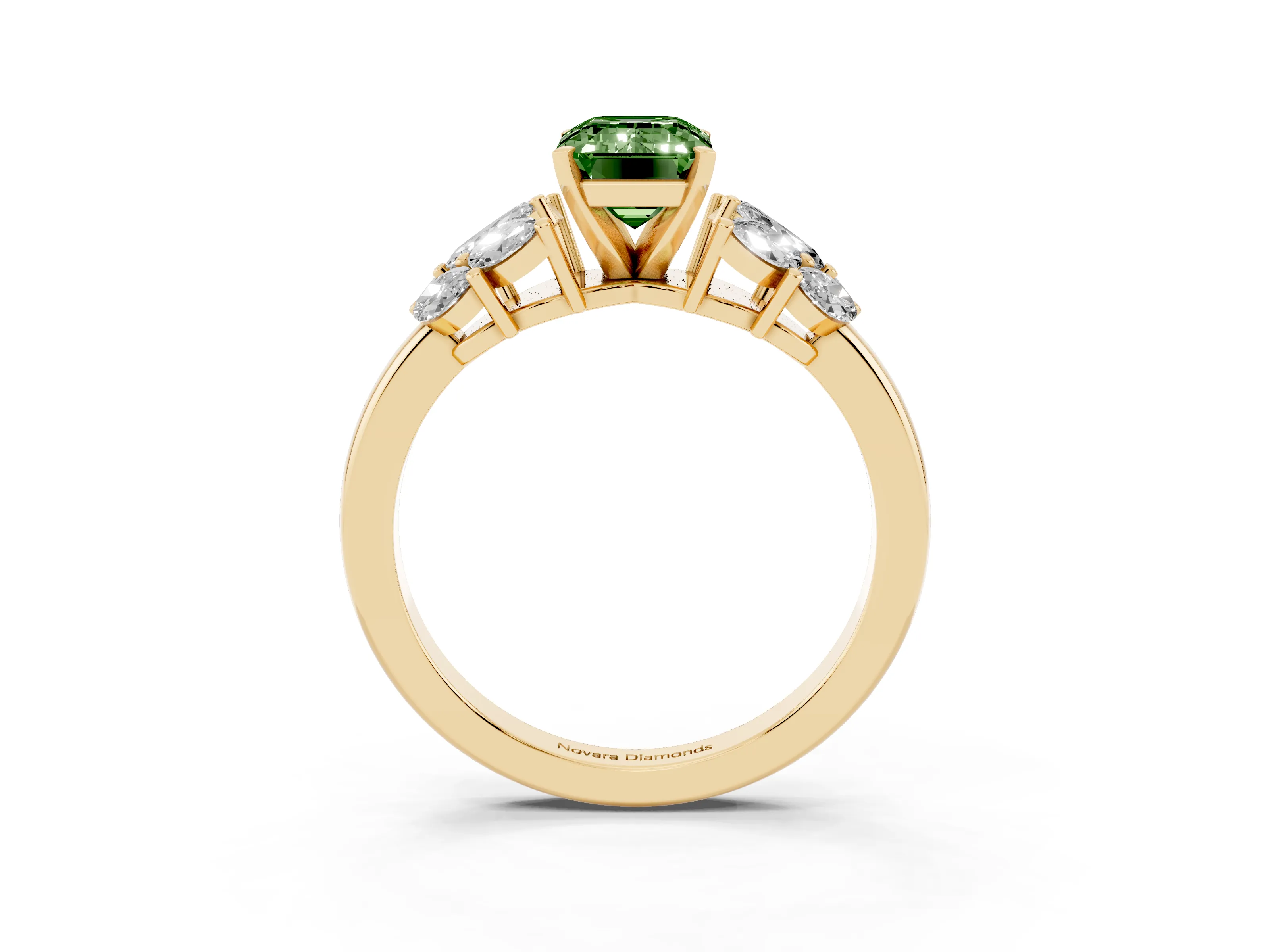 Fancy Green Emerald Cut Diamond Cluster Leaf Design Ring Set in Yellow gold with Prong Setting