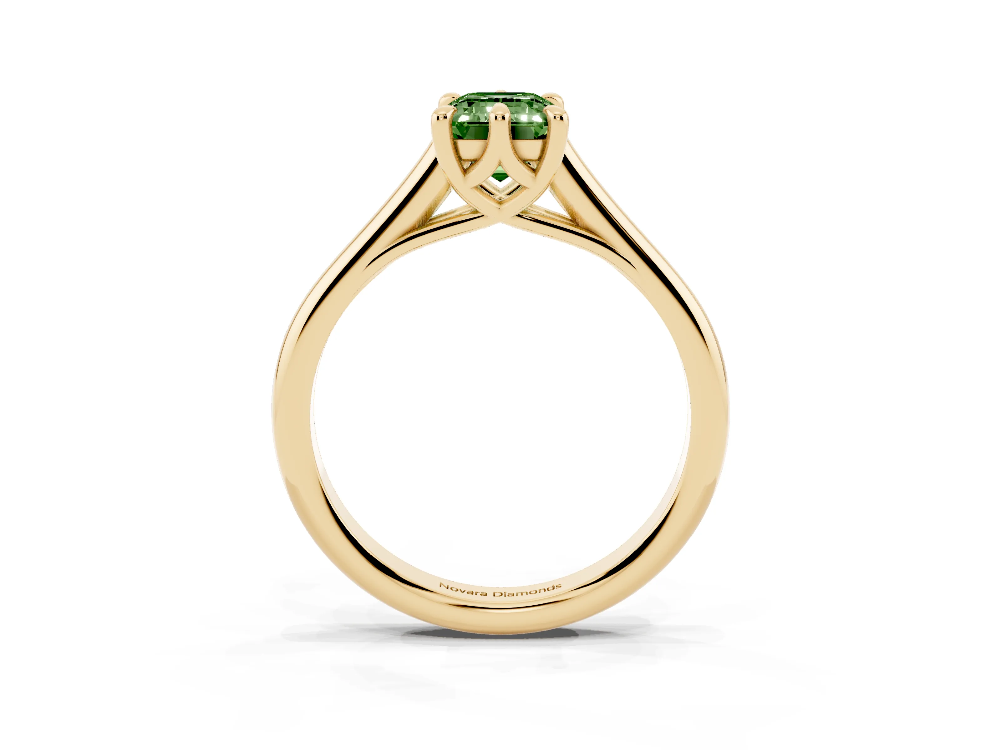 Fancy Green Emerald Cut Diamond Solitaire Engagement Ring Set in Yellow gold with Prong Setting and Plain Classic Band
