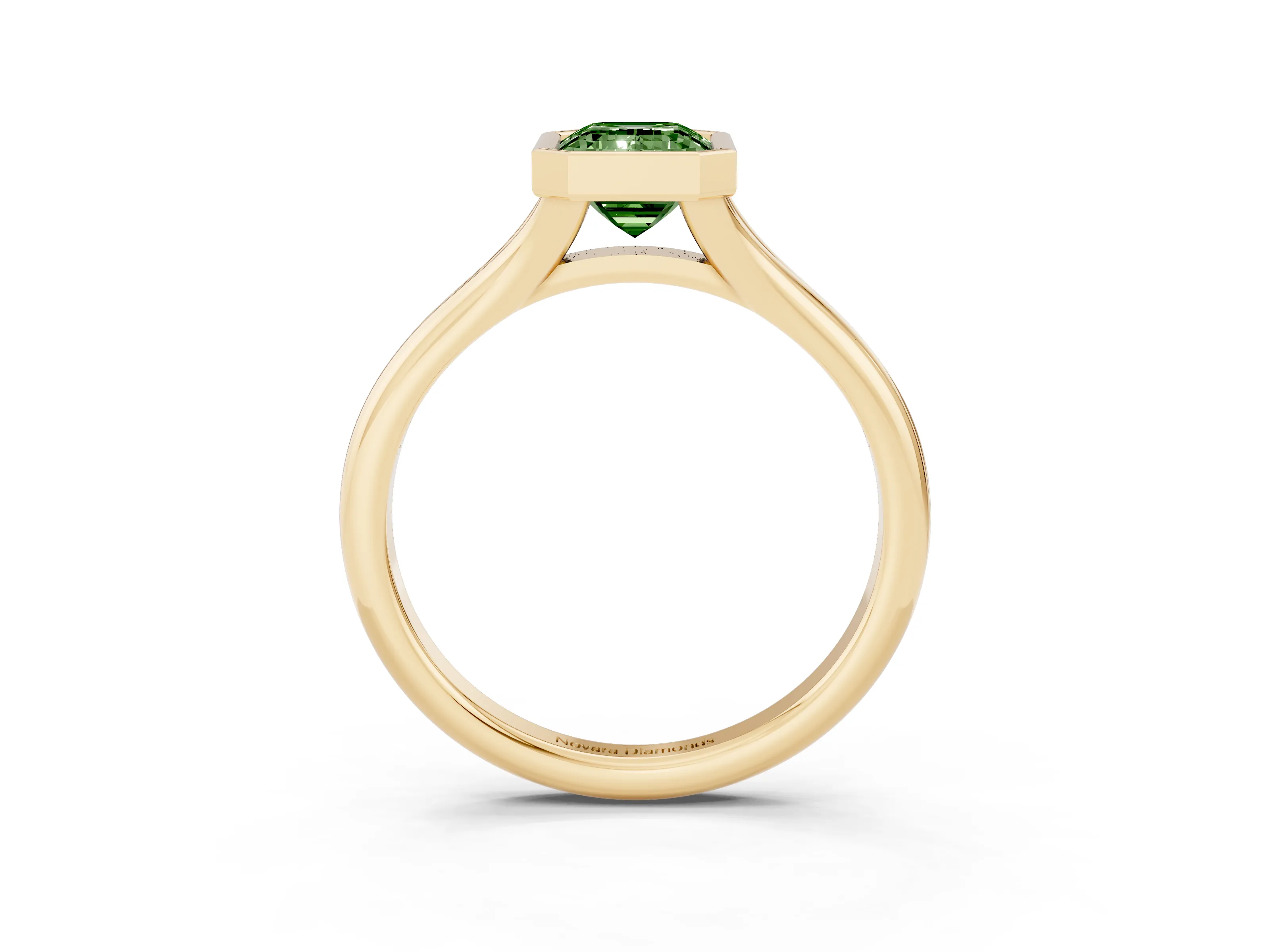 Fancy Green Bezel Set Emerald Cut Diamond Solitaire Ring Set in Yellow gold with Smooth Band