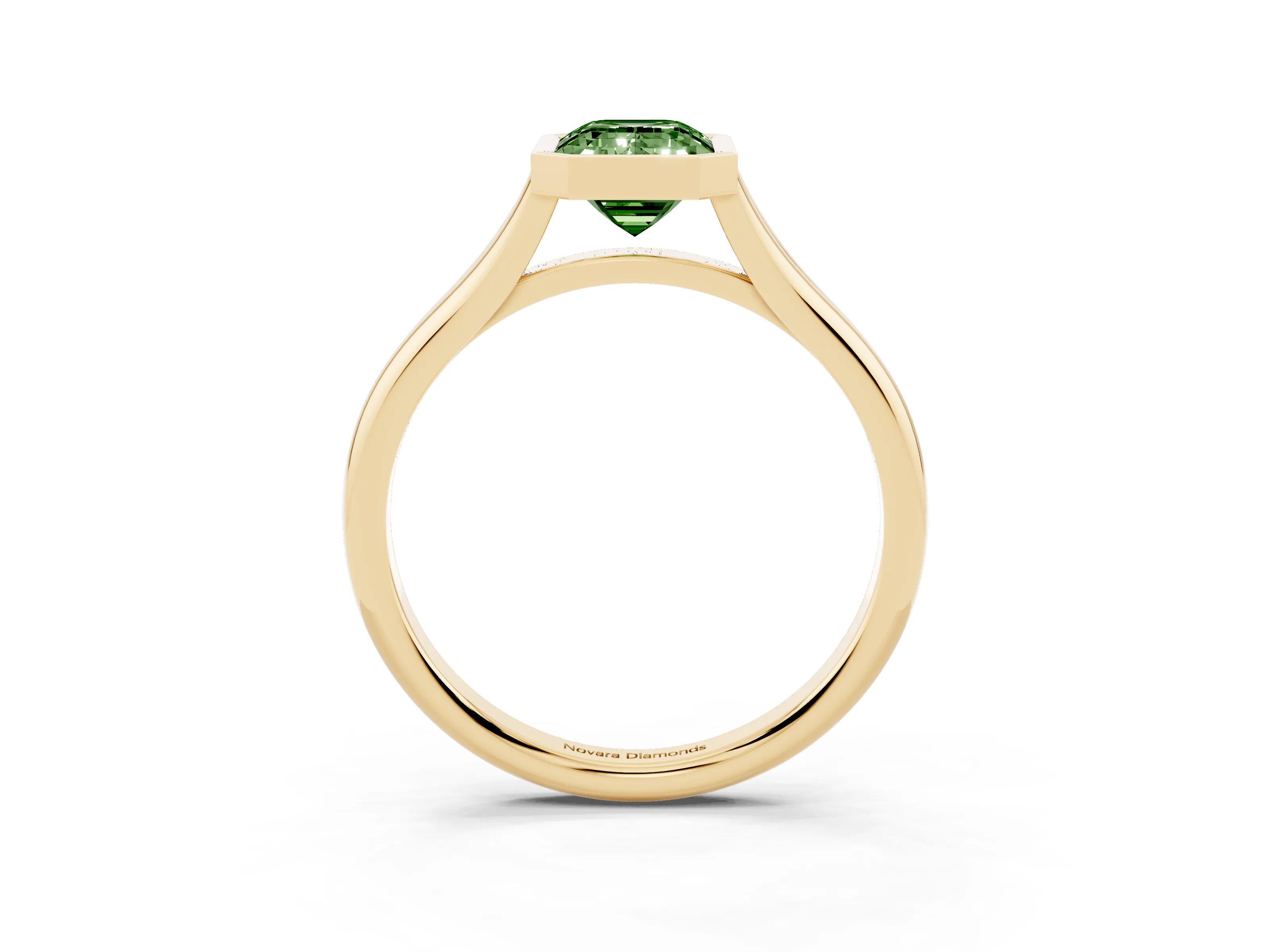 Fancy Green Bezel Set Emerald Cut Diamond Solitaire Ring Set in Yellow gold with Tapered Band