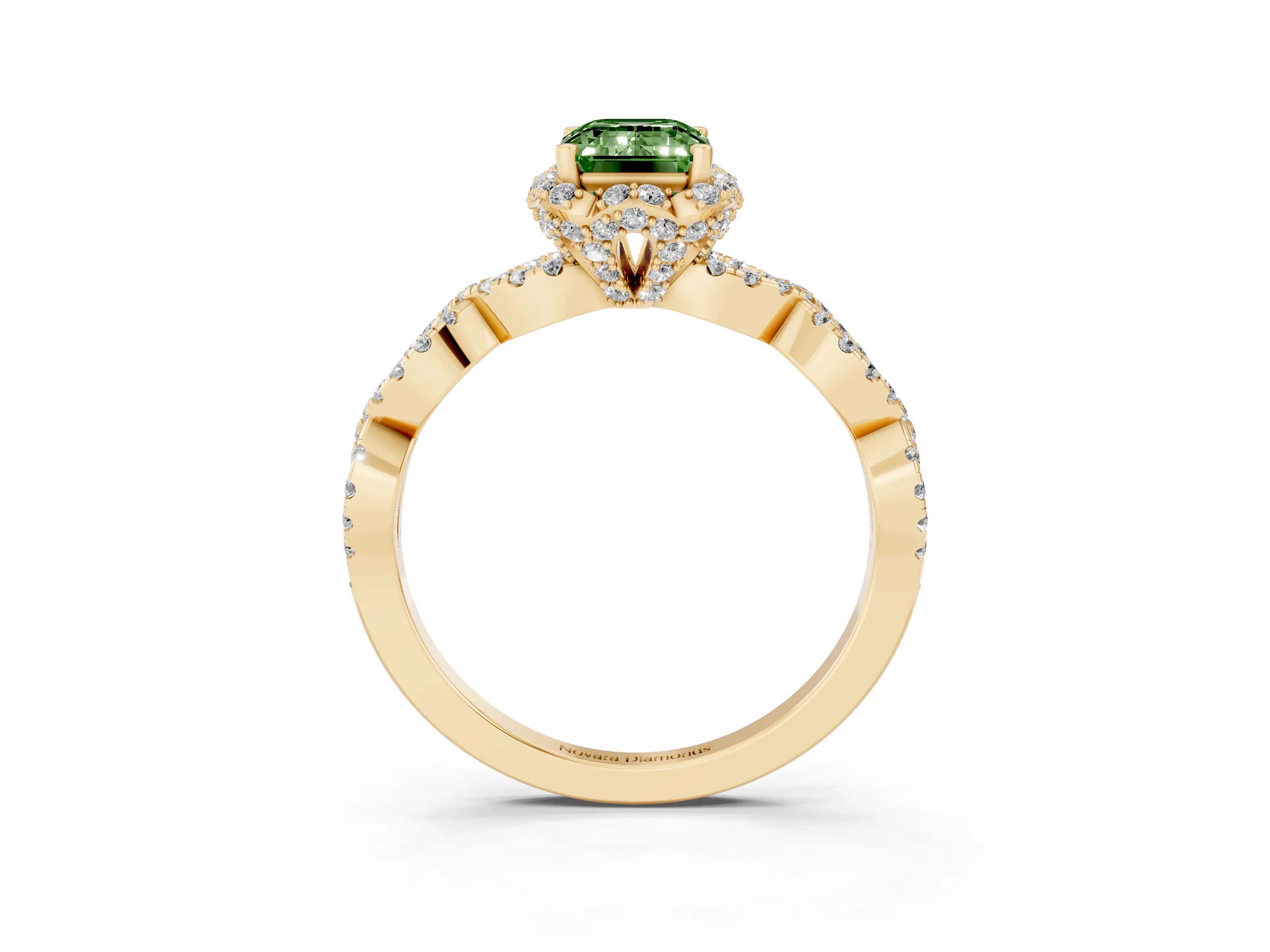 Fancy Green Emerald Cut Diamond Halo Twist Band Solitaire Ring Set in Yellow gold with Prong-Set Center Stone