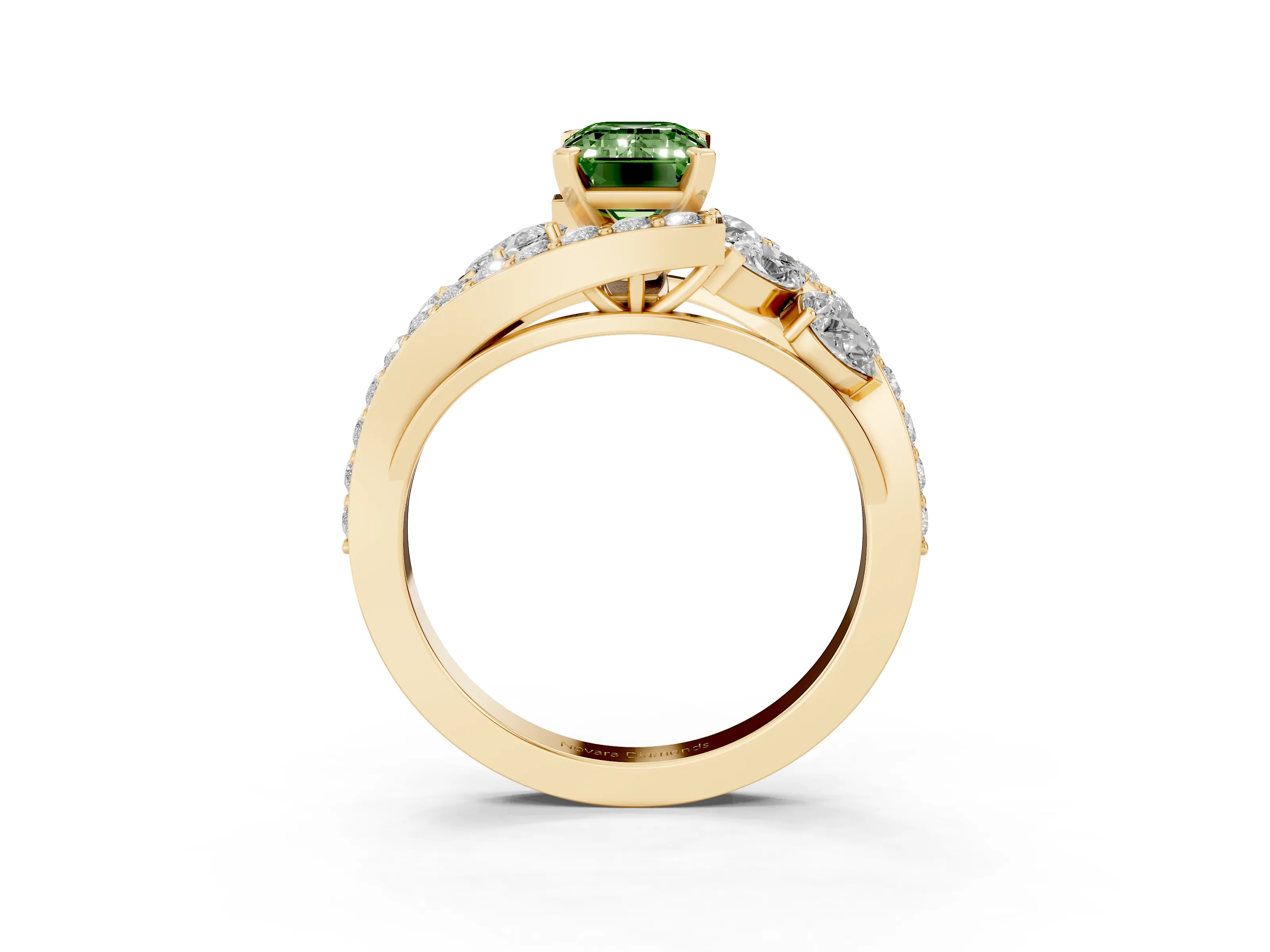 Fancy Green Emerald Cut Diamond Halo Ring Set in Yellow gold with Marquise and Pavé Band in Prong Setting