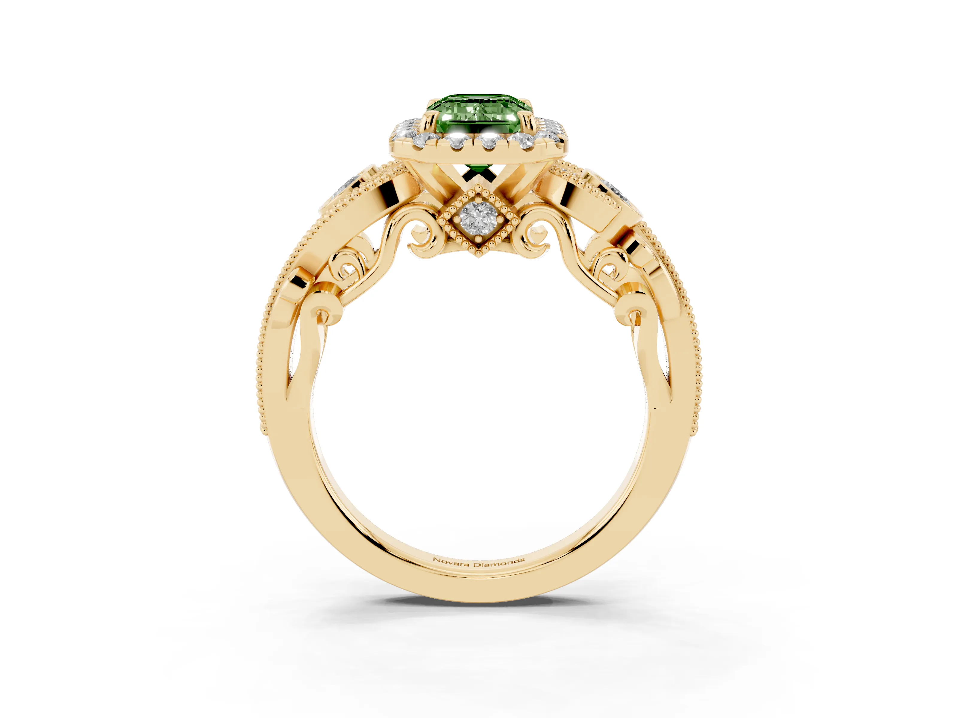 Fancy Green Emerald Cut Diamond Halo Ring Set in Yellow gold with Milgrain Pavé Band and Prong Setting