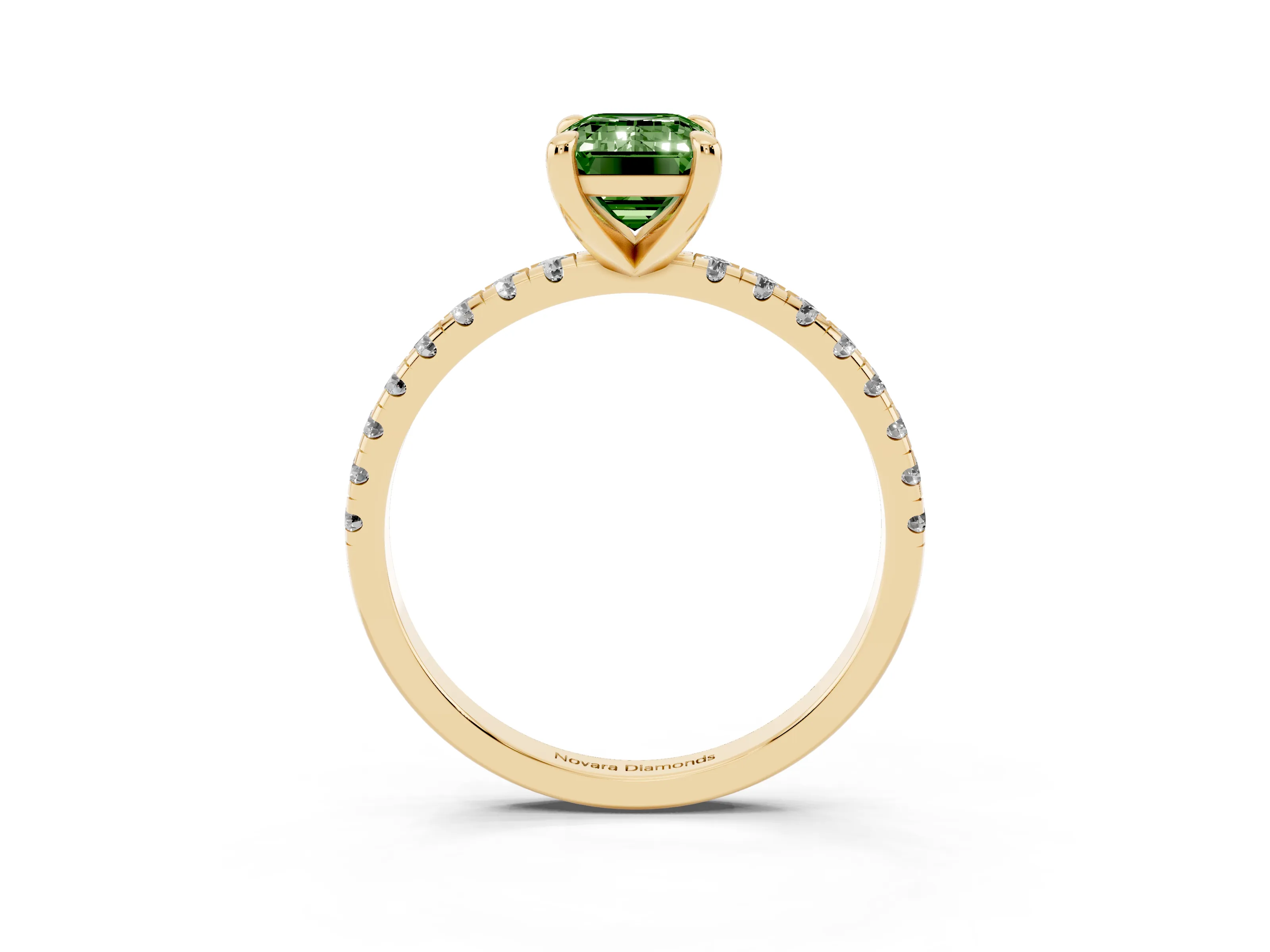 Fancy Green Emerald Cut Diamond Brilliant Solitaire Ring Set in Yellow gold with Pavé Band and Prong Setting