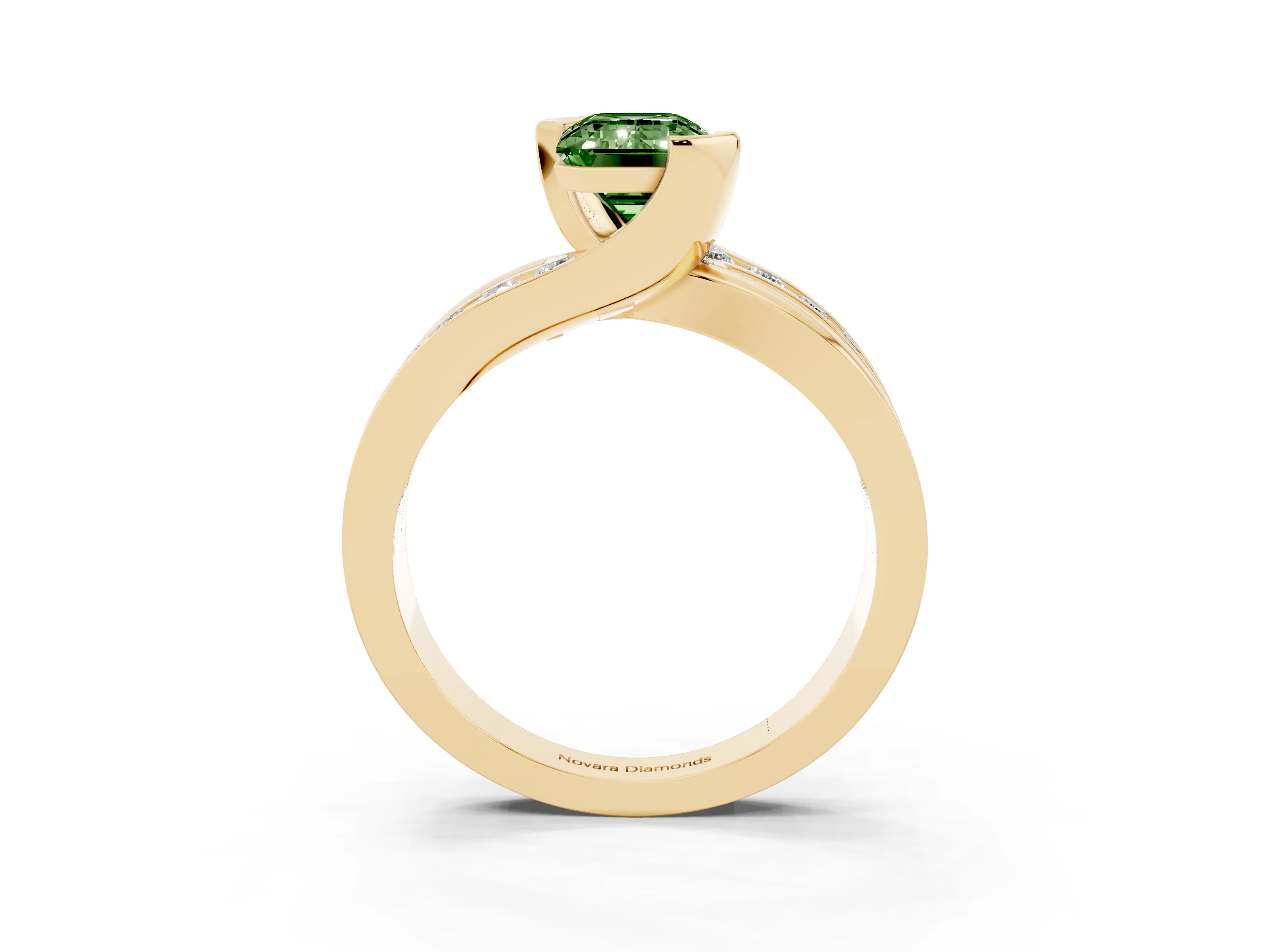 Fancy Green Emerald Cut Diamond Solitaire Ring Set in Yellow gold with Channel Set Split Shank and Tension Prongs