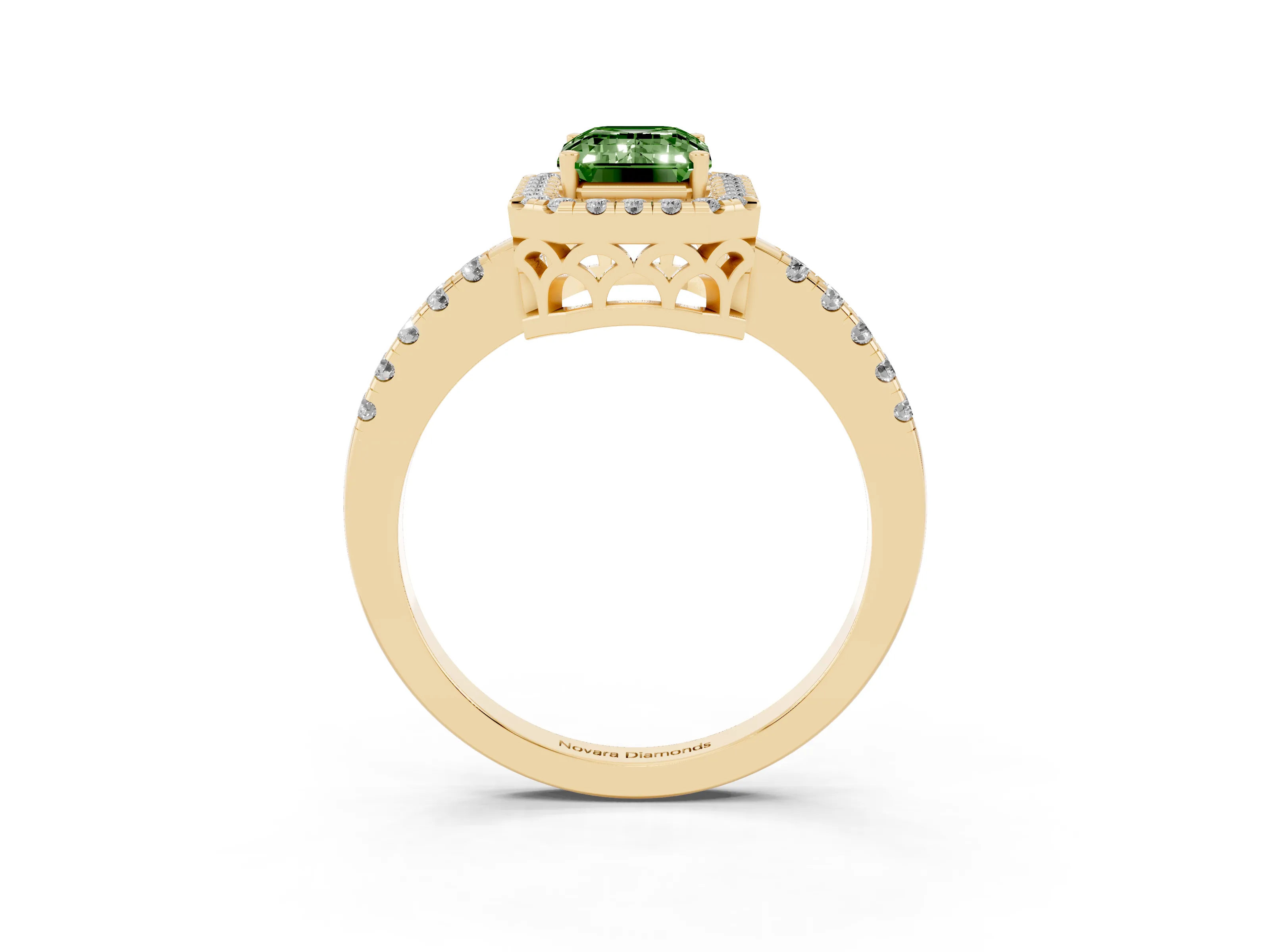 Fancy Green Emerald Cut Diamond Pavé Band Halo Engagement Ring Set in Yellow gold with Prong Setting
