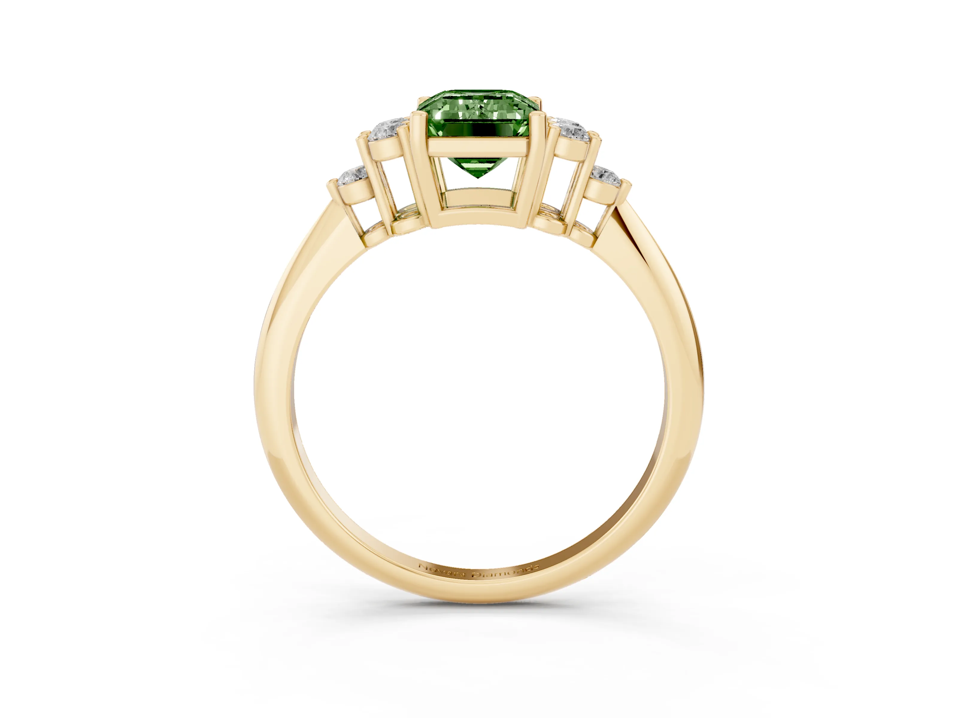 Fancy Green Emerald Cut Diamond Cluster Ring Set in Yellow gold with Plain Band and Prong Setting